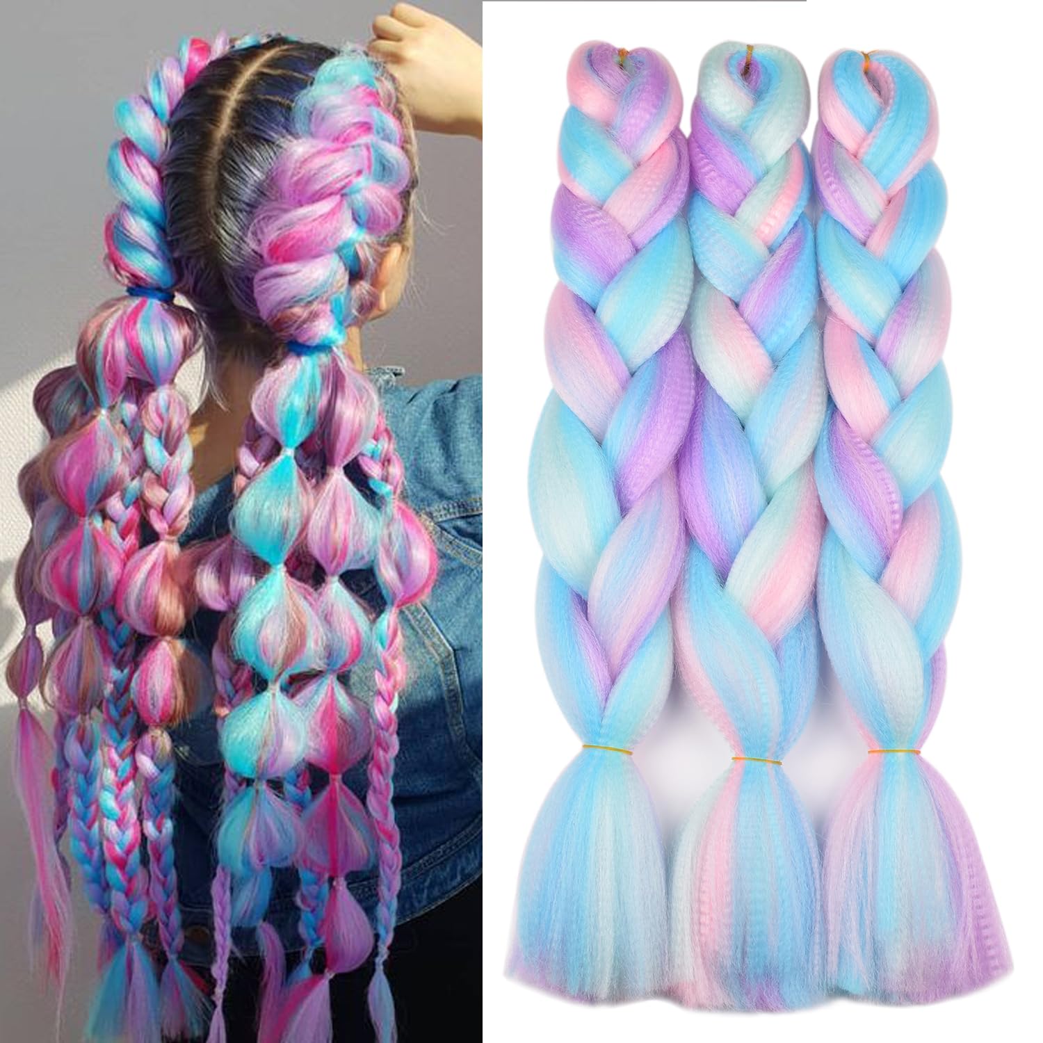 Photo 1 of BACANA Ombre Braiding Hair Rainbow Color 4 Colors Mixed Pink Purple Blue Mint Green 3Packs 24 Inches Synthetic Hair for Braiding Real Soft (Mix Macaron Color)