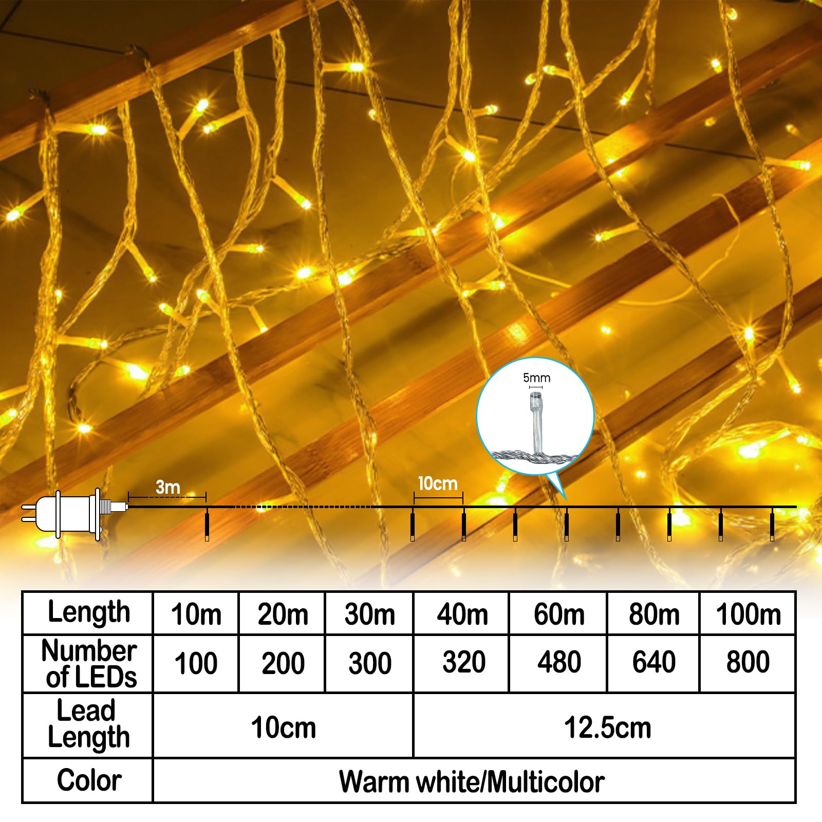 Luces Navidad exterior 100m 1000 LED arbol Navidad con 31V enchufe: temporizador, función de memoria, 8 modos, IP44 resistente al agua para fiestas Halloween Pascua jardín, Blanco cálido