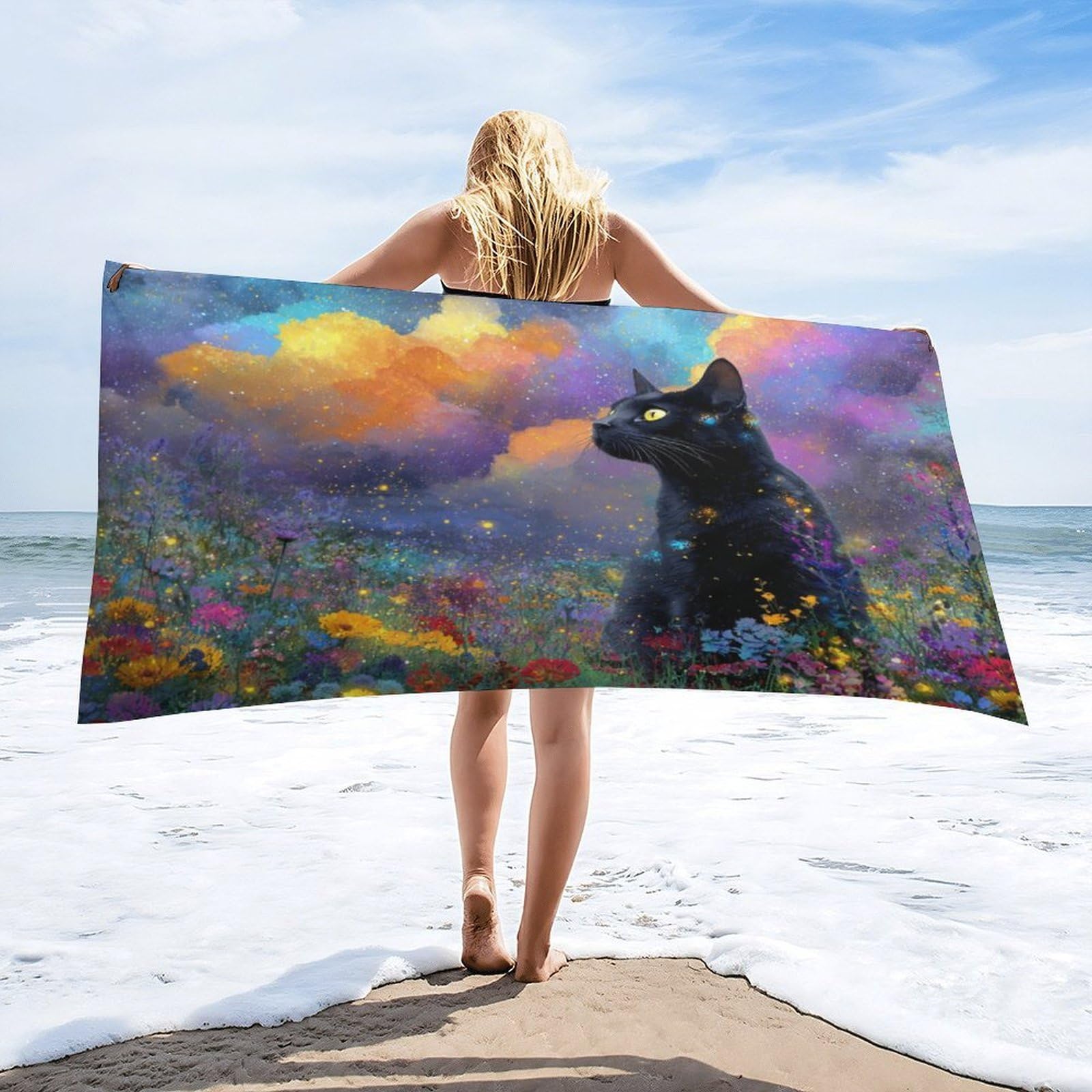 Luyysky Modern Classic Black Kitten Absorbent Beach Towel, Cute Oil Painting Sunset Botanical Plant Daisies Floral Animal Cat Outdoor Single-Sided Velvet Beach Towel-80 W Cm X 160" L Cm