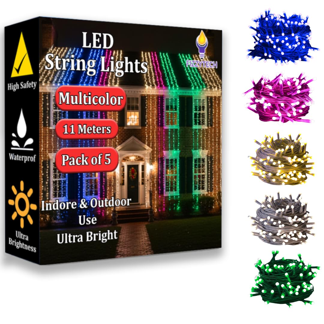 fizzytech 11 Meter 40 LEDs 5MM Decorative String Light | LED Fairy Light for Diwali, Christmas, Weddings & Home Decoration | Polycarbonate, (40 LED Multicolor, Pack of 5)