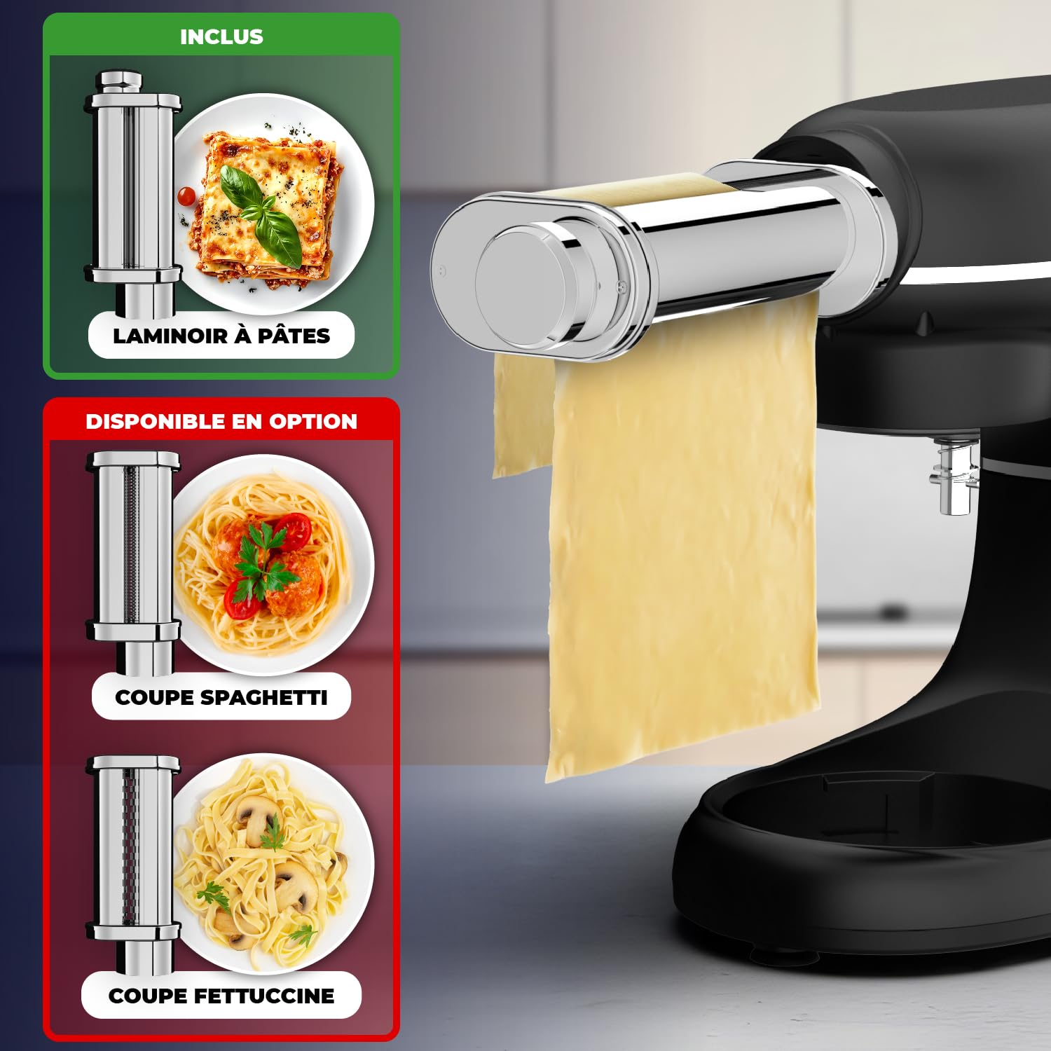 Robot Pâtissier avec Machine a Pates Fraiche – 2000W – Robot Cuisine avec Machine a Pate – Laminoir a Pate - 6,2L Bol Mélangeur (Noir)