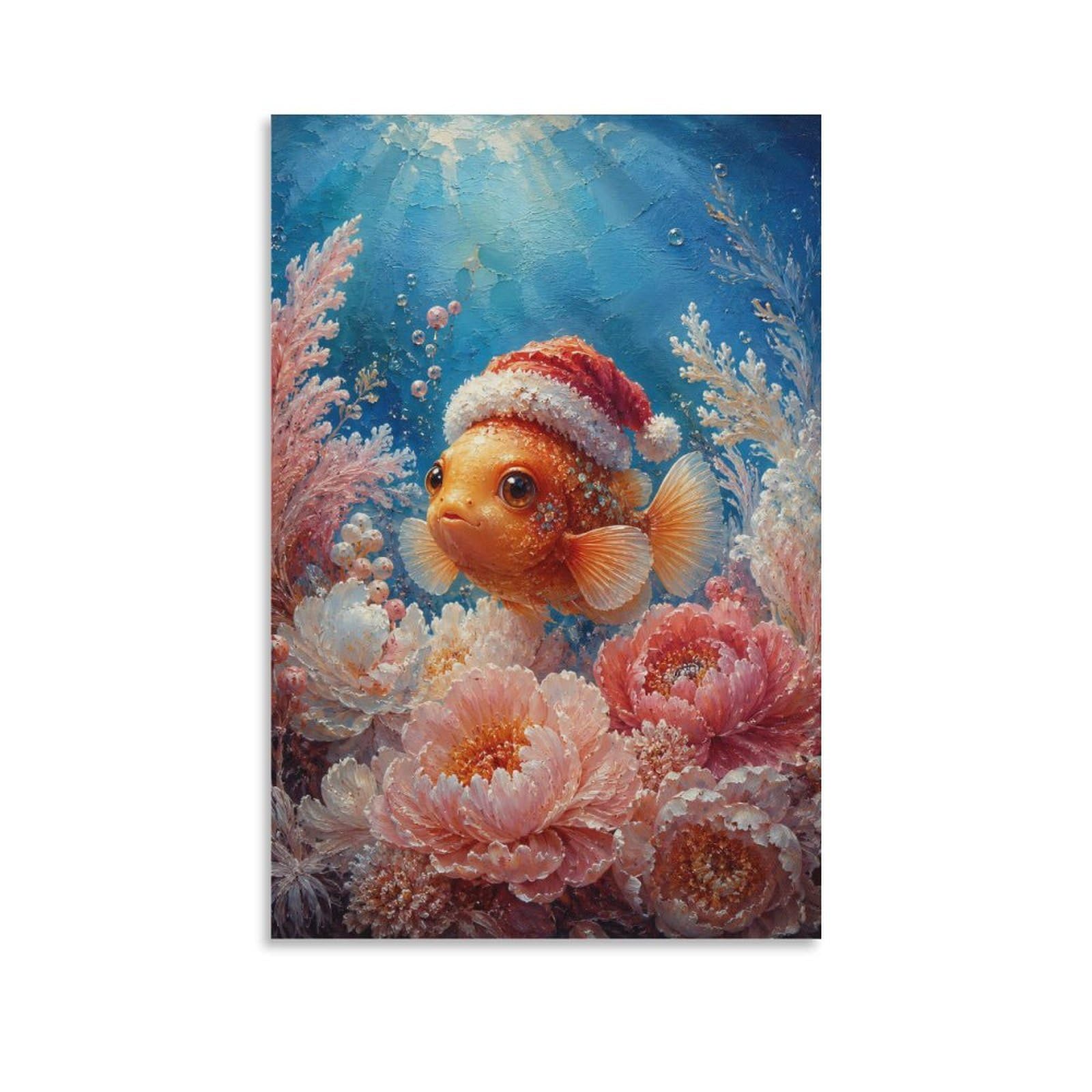 W7C8U2X3 Clownfish Santa Hat Coral Canvas Wall Art, Tropical Ocean Wall Art