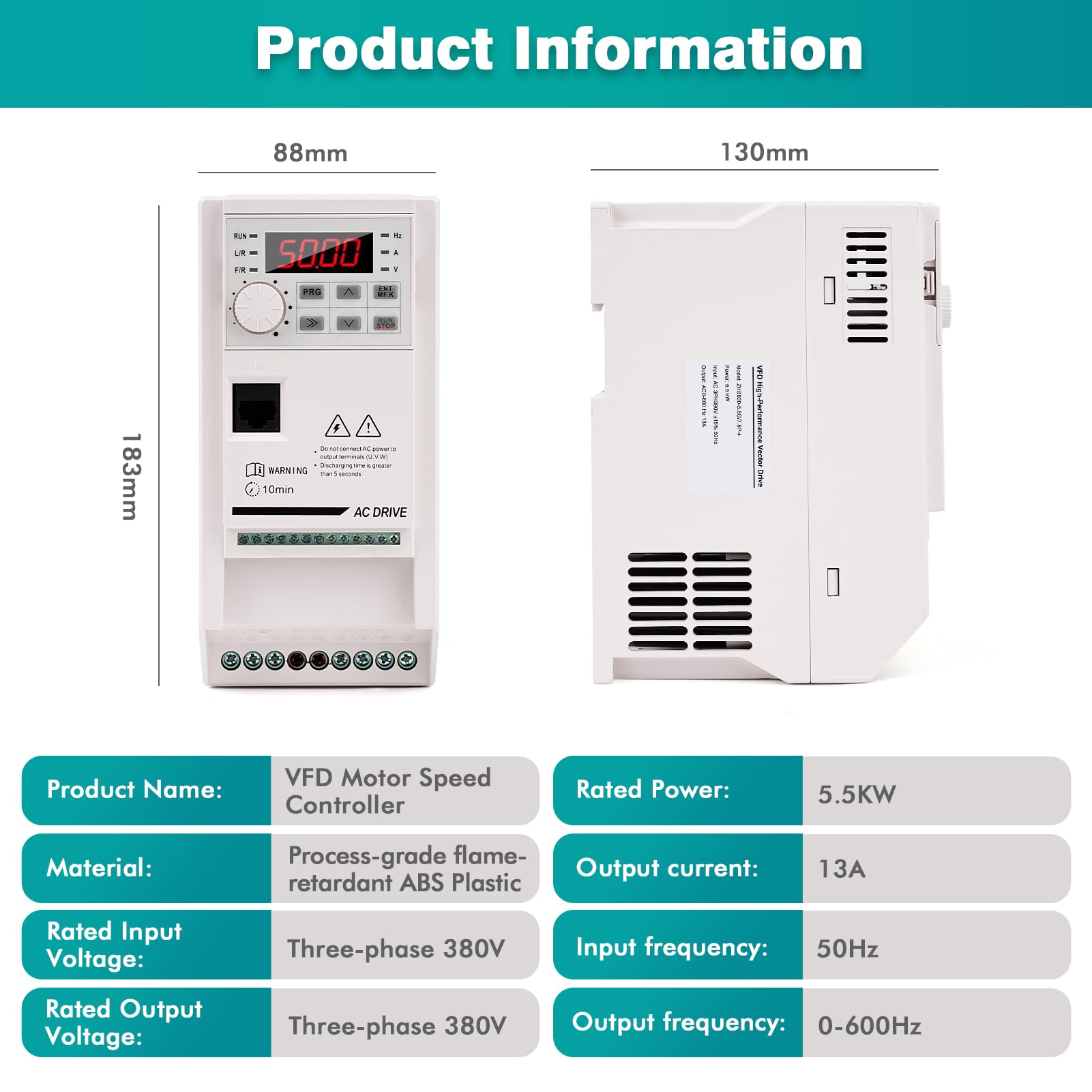 Inverter per Motori Trifase 380V 5.5KW VFD Azionamento a frequenza variabile ingresso e uscita trifase 380V Regolatore convertitore di frequenza CNC ZHB600-5.5KW con cavo prolungatore 2M