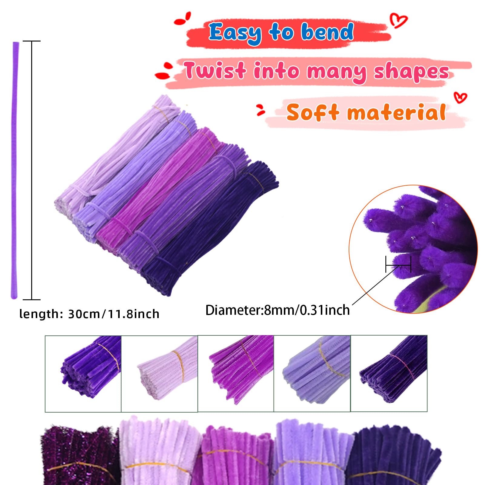 Lot de 500 cure-pipes violets, 5 couleurs assorties pour travaux manuels, cure-pipes d'Halloween, tiges pelucheuses en chenille pour loisirs créatifs, projets créatifs