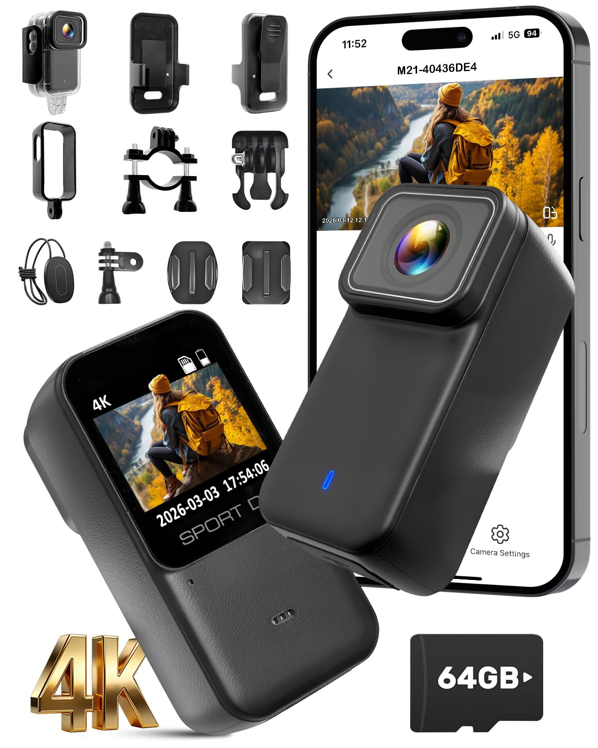 Neu Action Cam 4K/2K/1080P mit 64GB SD Karte &1,47 Zoll Display, Bodycam Körperkamera mini Magnetische Wasserdicht 30M & 180 Min Akku for Dashcam Fahrrad, Vlog, Ski, POV Kamera