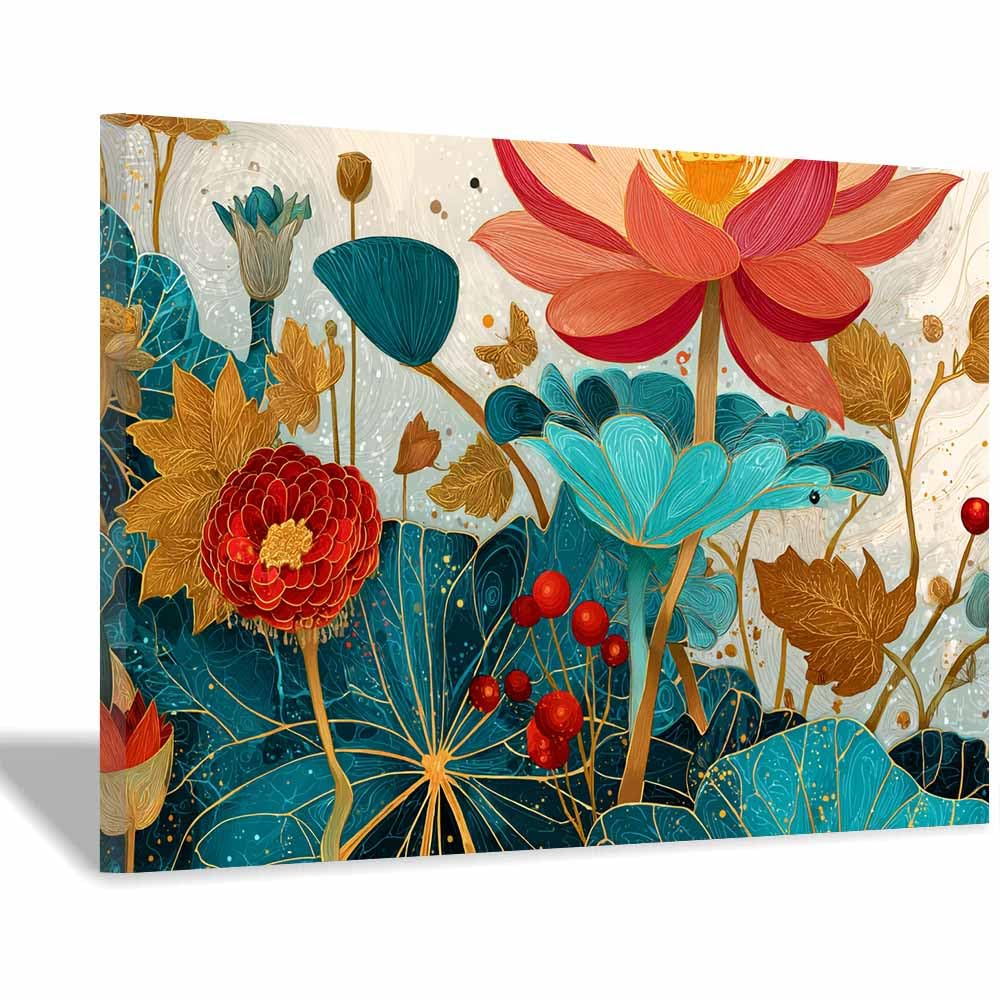 Hoqiu Multicolor Nature Wall Art Colorful Lotuses Painting Pictures, Print Canvas Poster Decor For Living Room, Bathroom Canvas Art, For Bedroom Home Decoration.(Multicolor)-60X80cm Framed