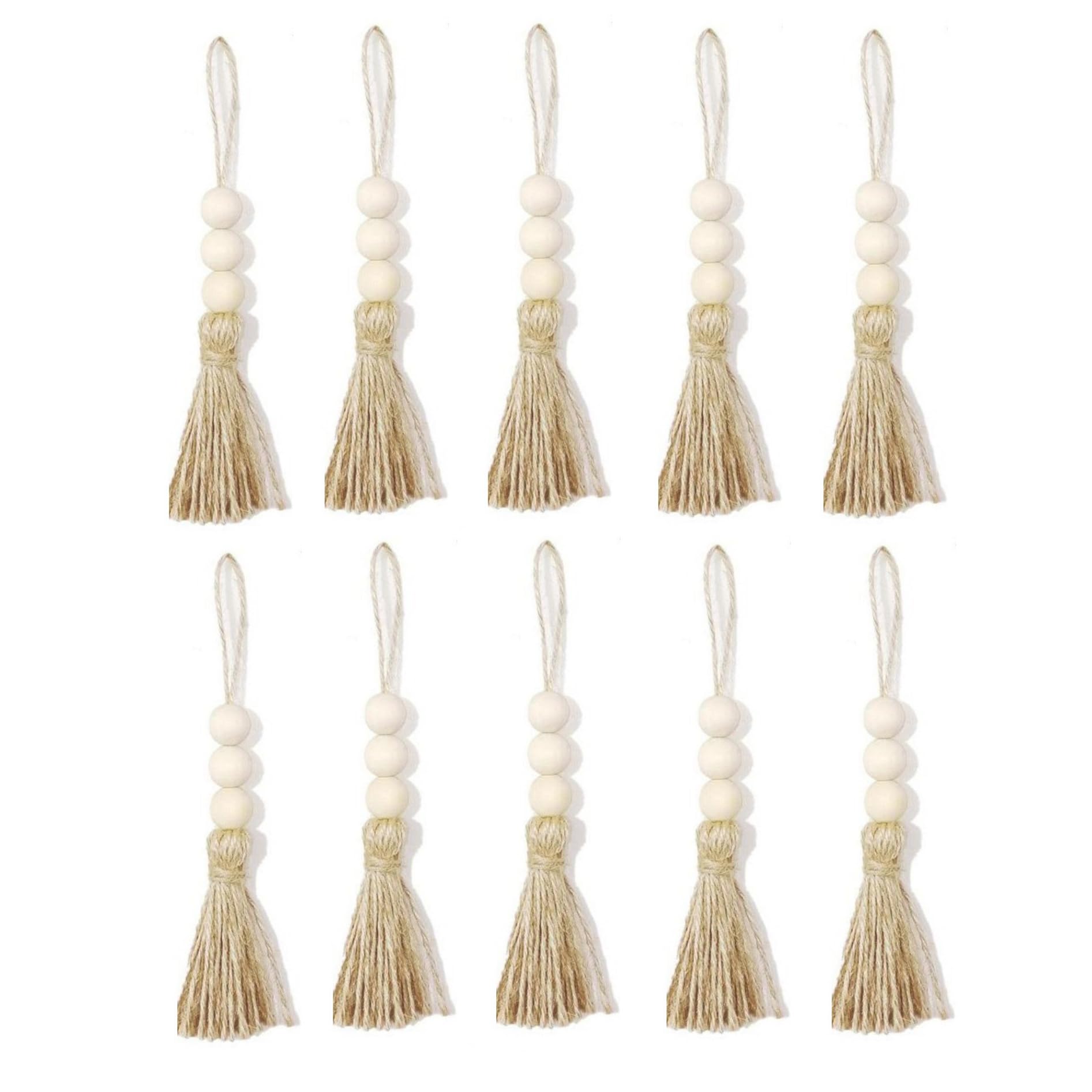 10 Pack Jute Rope Tassel with 3 Wood Beads Hemp Rope Burlap Tassels for Christmas Tree DIY Craft Boho Decoration Wedding Home Party Hanging Ornament 23cm Long (Natural Color)