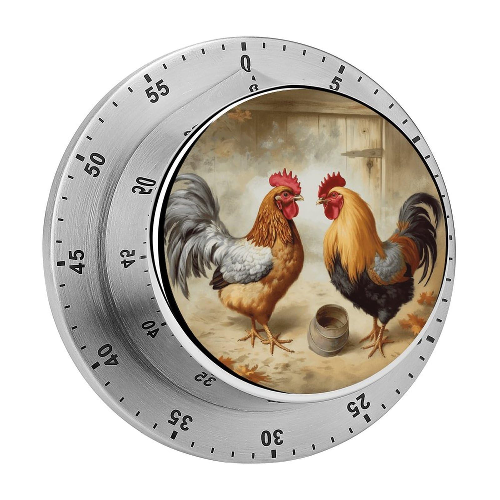 Chicken and Rooster Print Timer Exquisite Stainless Steel Body Mechanical Desk Timers 60 Minutes Visual Countdown Timers with Magnetic Backing Loud Alarm Kitchen Timer for Cooking