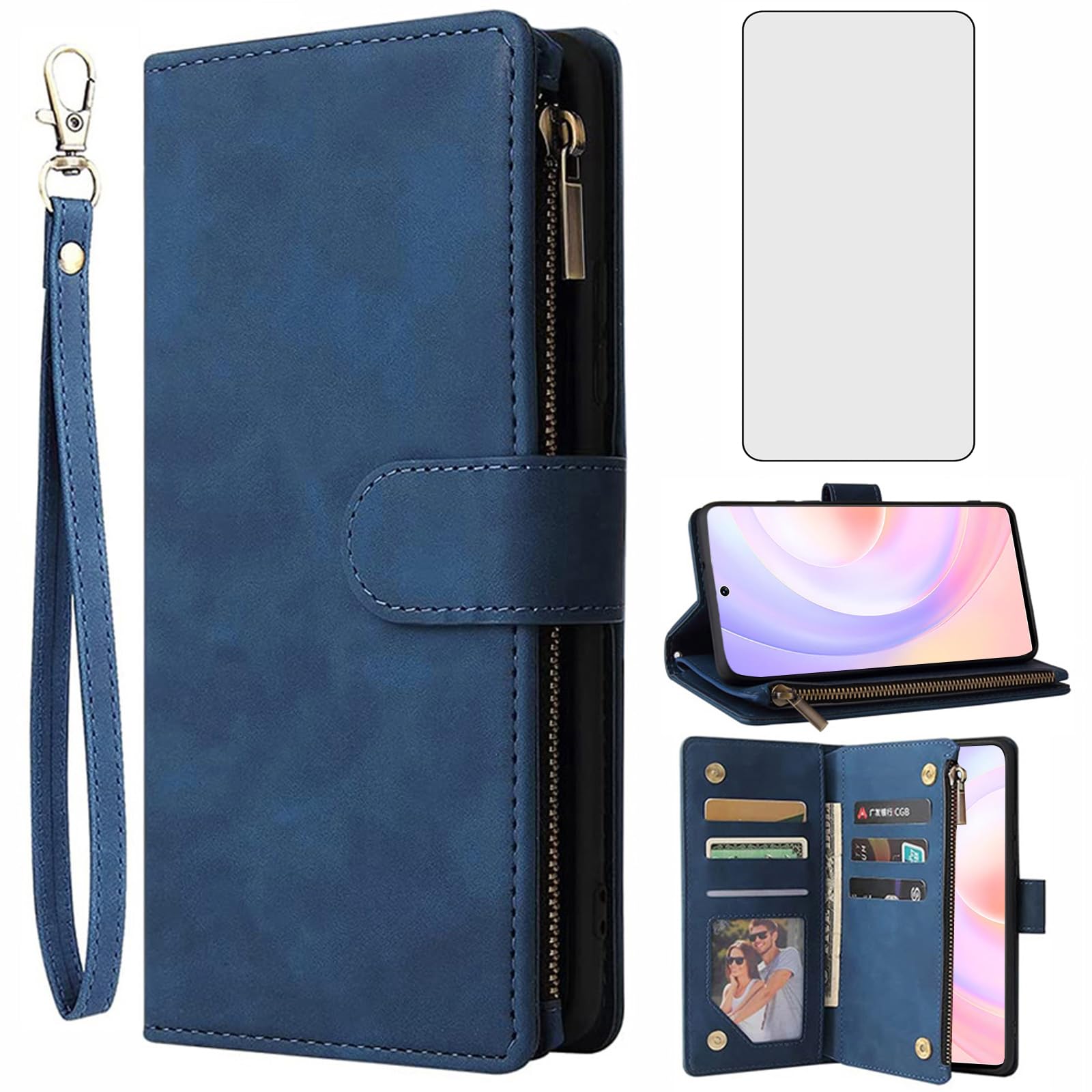 AsuwishMobile Phone Case for Huawei Nova 9 SE Case with Film, Screen Protector and Card Slot, Foldable Leather Wallet, Stand, Hawaii Nova9 9SE 5G Zip Mobile Phone Cases Protective Phone Case Blue