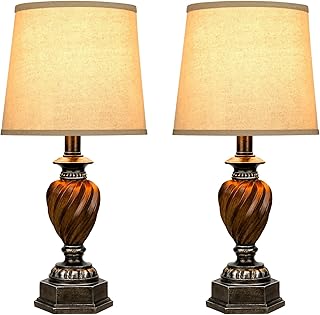 Farmhouse Table Lamps for Bedroom Set of 2, Rustic Bedside Nightstand Lamps for Kids Room with Fabric Shades, Vintage End Table Lamps for Living Room Dorm Nursery Study Room Office, Brown