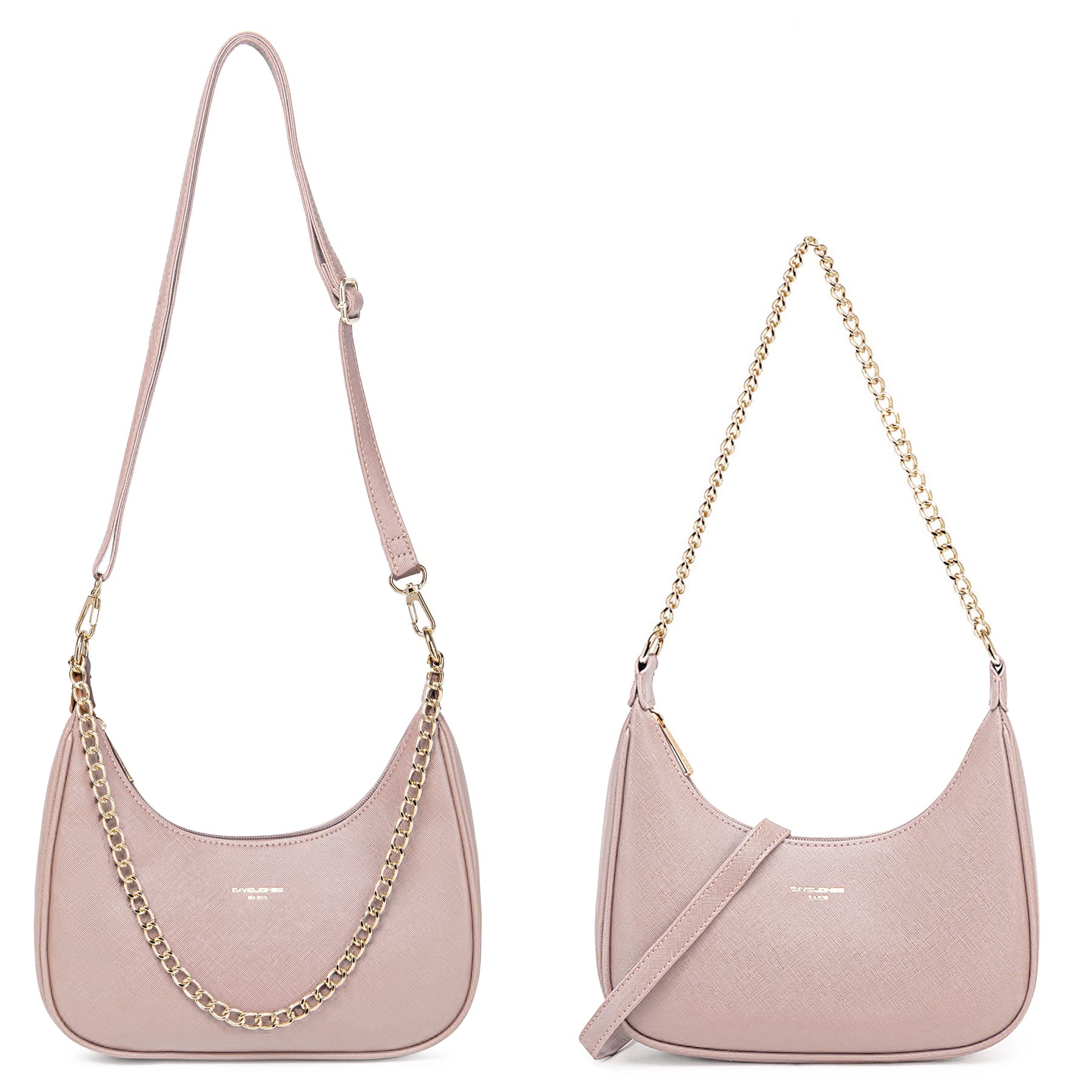David Jones - Petit Sac Porté Epaule Forme Banane Femme - Sac à Main Hobo Bandoulière Chaînes Simili Cuir PU Rigide Porté Sous Epaule Bras - Besace Sacoche Ville Mode Tendance Elegant - Rose