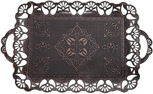 Alisveristime Bandeja otomana turca grande hecha a mano con bordes florales y asas, hecha de zamac, opciones multicolor (18.9 pulgadas de largo x 12