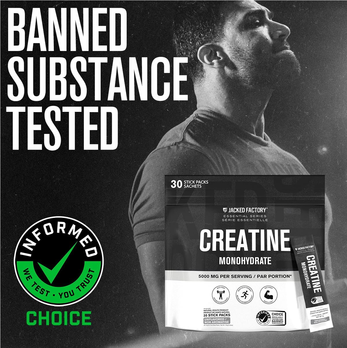 Jacked Factory Creatine Stick Packs - Creatine Monohydrate Powder 5000mg Per Stick - Creatine Supplement for Muscle Growth, Increased Strength, and Improved Athletic Performance - 30 Pack, Unflavoured - Image 6