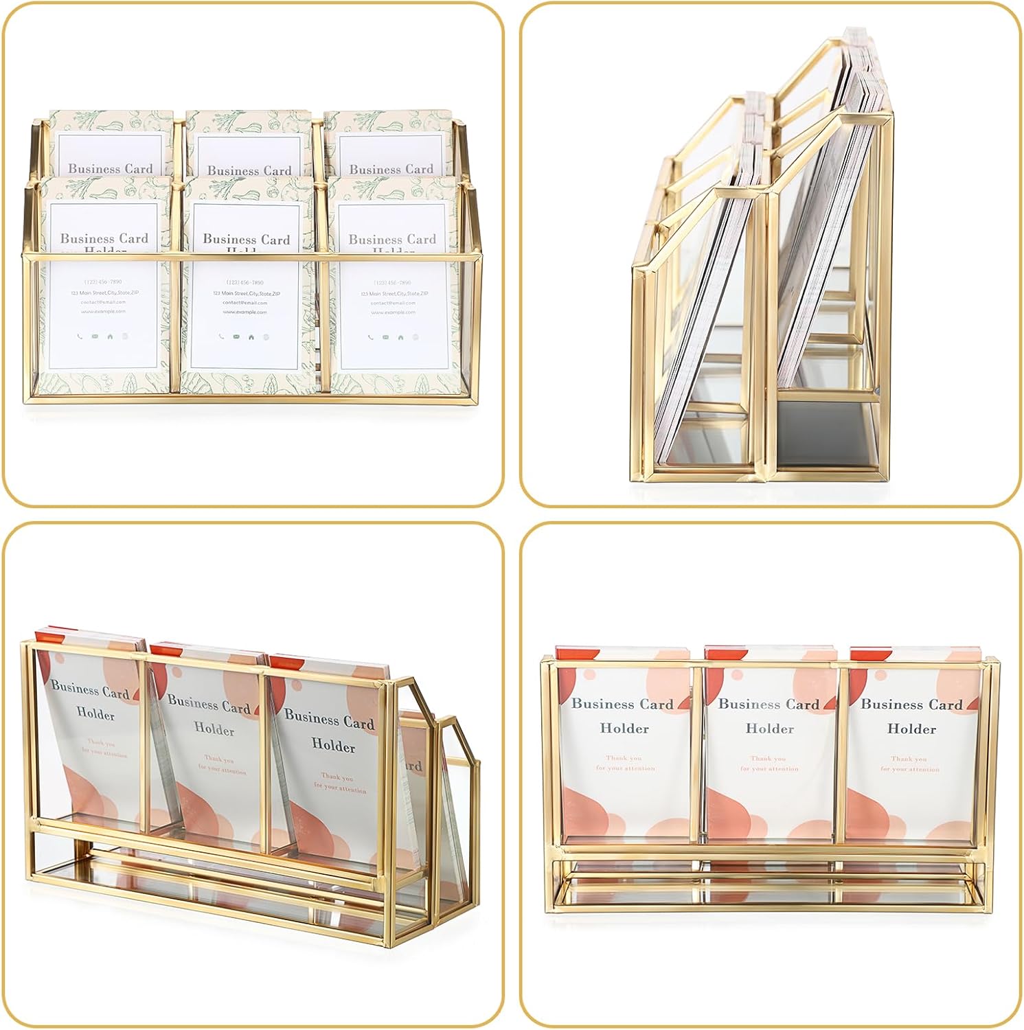 Hipiwe Business Card Display Stand Vertical Gold Name Card Holder with Mirror Metal Glass Desktop Organizer for Office Exhibition, 2 Layers 6 Slots