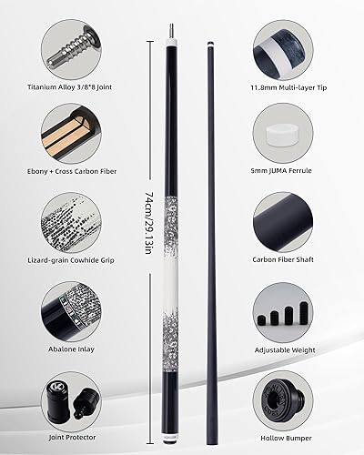 Miniatura 2 de KONLLEN Taco de billar de fibra de carbono con eje cónico profesional, desviación súper baja, taco de billar ébano con incrustaciones hechas a mano