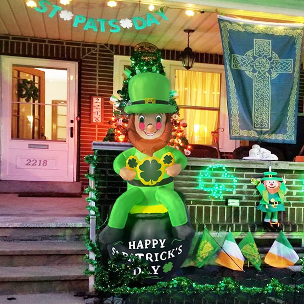 Giant St Patricks Day Decorations Outdoor Inflatable Leprechaun - 6FT Blow Up Yard Decorations Build-in LED Lights Lucky Leprechaun Holding Shamrocks Sitting Pot of Gold, Garden Lawn Decor Party Props : Patio, Lawn & Garden