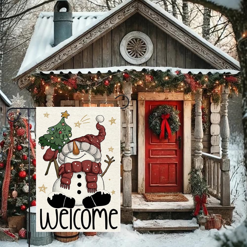 Welcome Christmas Garden Flag 12x18 Inch Double Sided Burlap Winter Snowman Holiday Yard Flag Outdoor Seasonal House Decor for Porch Lawn Garden Cute Small Xmas Decoration - Image 4