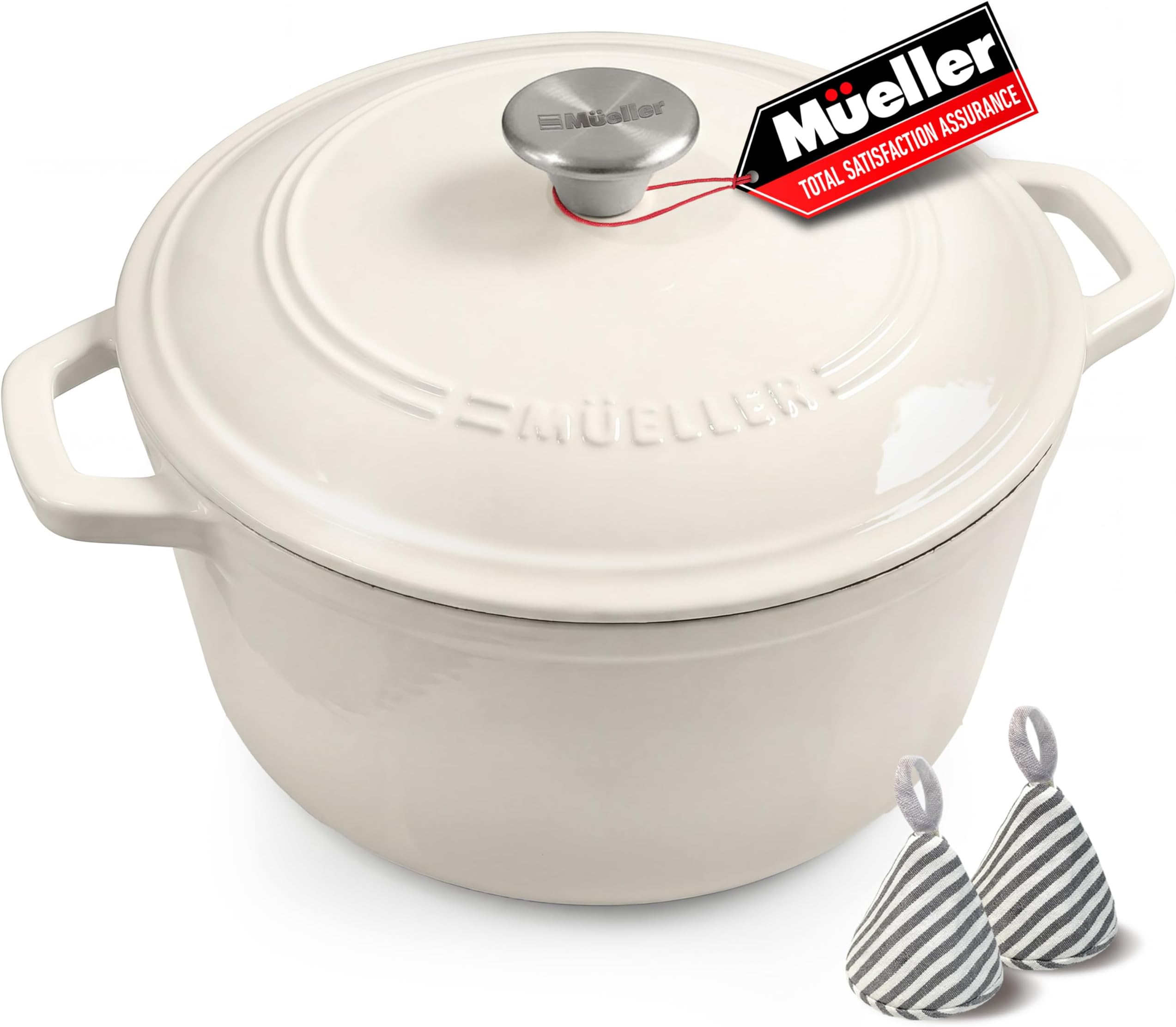 Mueller 6qt Enameled Cast Iron Dutch Oven, Heavy-Duty Casserole and Braiser Pan with Lid and Knob, Oven-Safe up to 500° F & Across All Cooktops, White