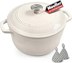 Mueller 6qt Enameled Cast Iron Dutch Oven, Heavy-Duty Casserole and Braiser Pan with Lid and Knob, Oven-Safe up to 500° F & Across All Cooktops, White