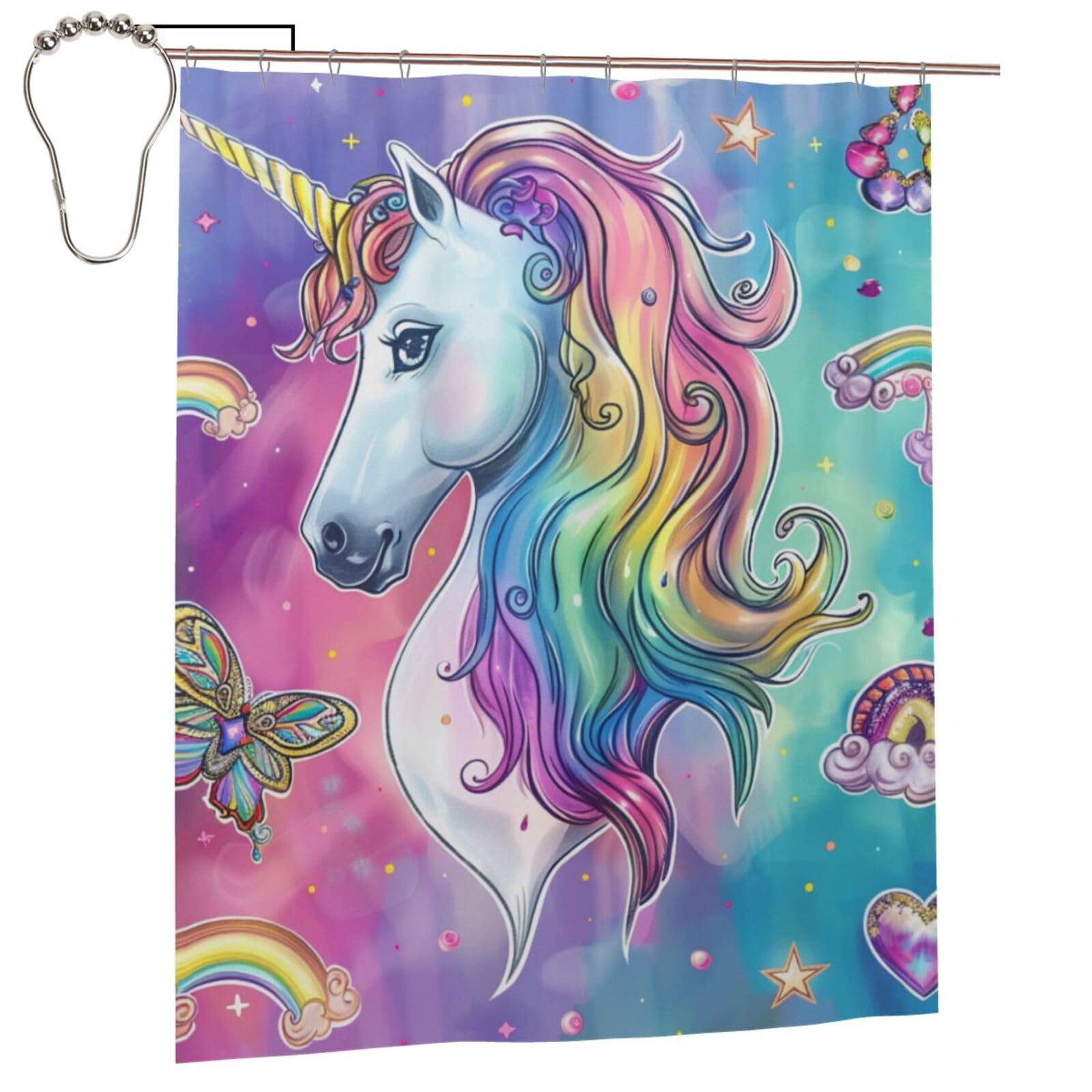 BWWHCCTI Rainbow unicorn Printed Shower Curtain With 12 Iron Hooks Opaque Quick Drying Waterproof Shower Curtains Sets For Bathroom 152x183 Cm