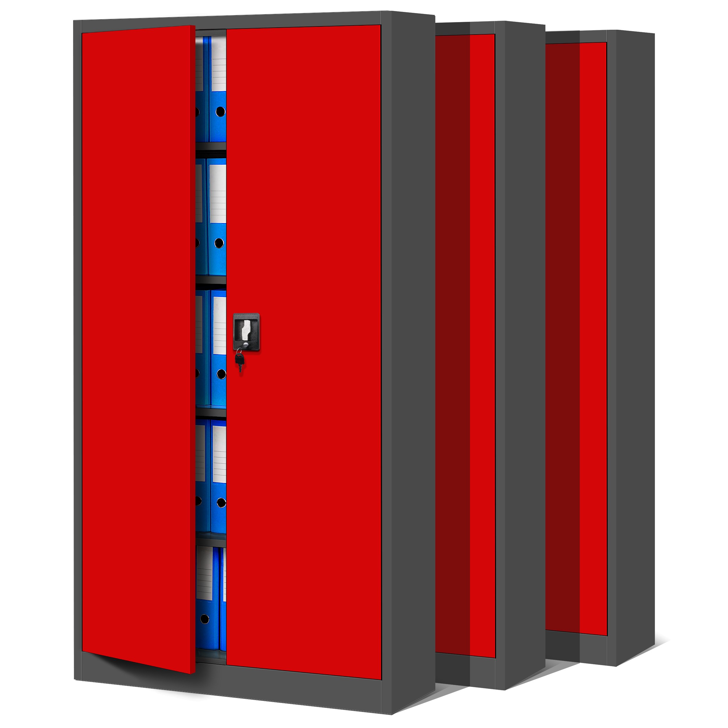 Jan Nowak Set di 3 Armadio da Ufficio C001 Archivio per Officina in Metallo Verniciato a polvere Chiudibile 185 cm x 90 cm x 40 cm (Antracite-Rosso)