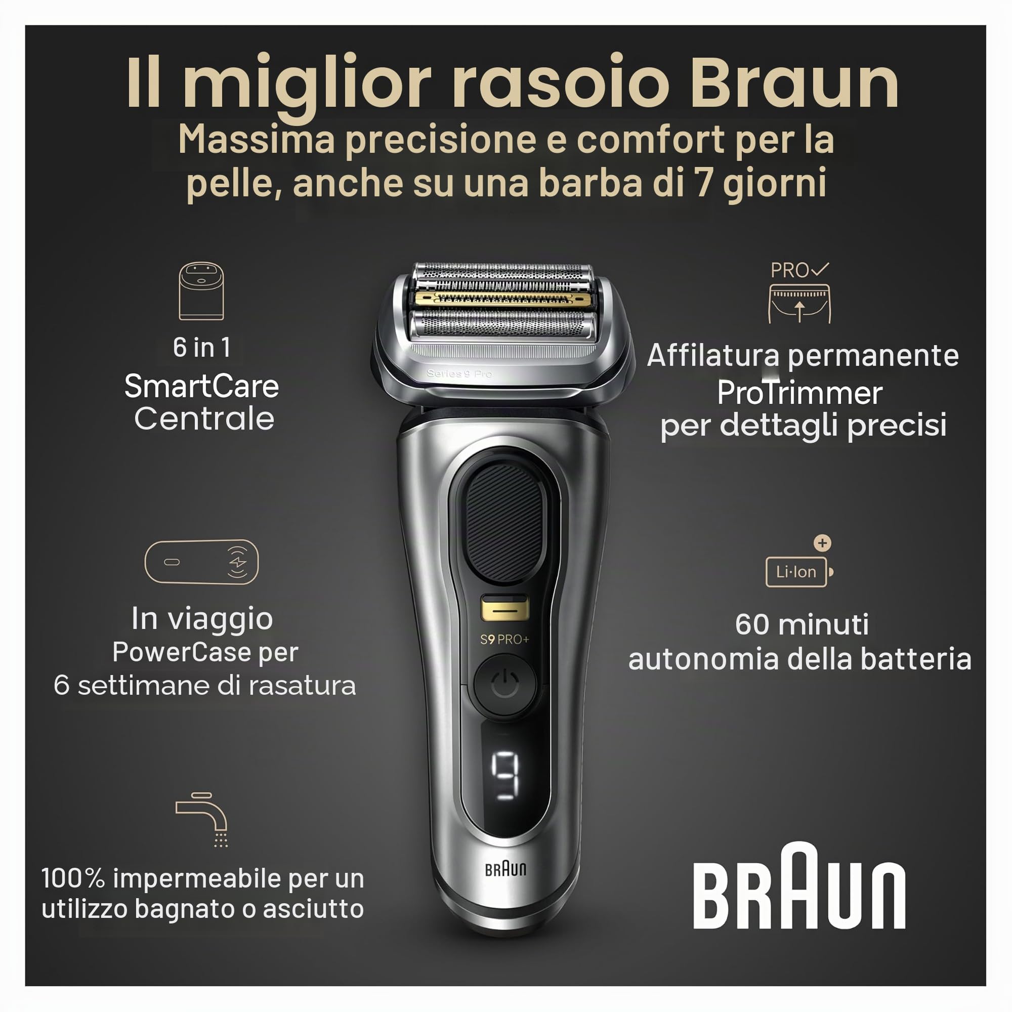 Braun Serie 9 PRO+ 9577cc Rasoio elettrico da uomo, 5 elementi Pro e rasoio di precisione per capelli lunghi, Centro SmartCare 6in1, PowerCase ricarica mobile, Wet & Dry