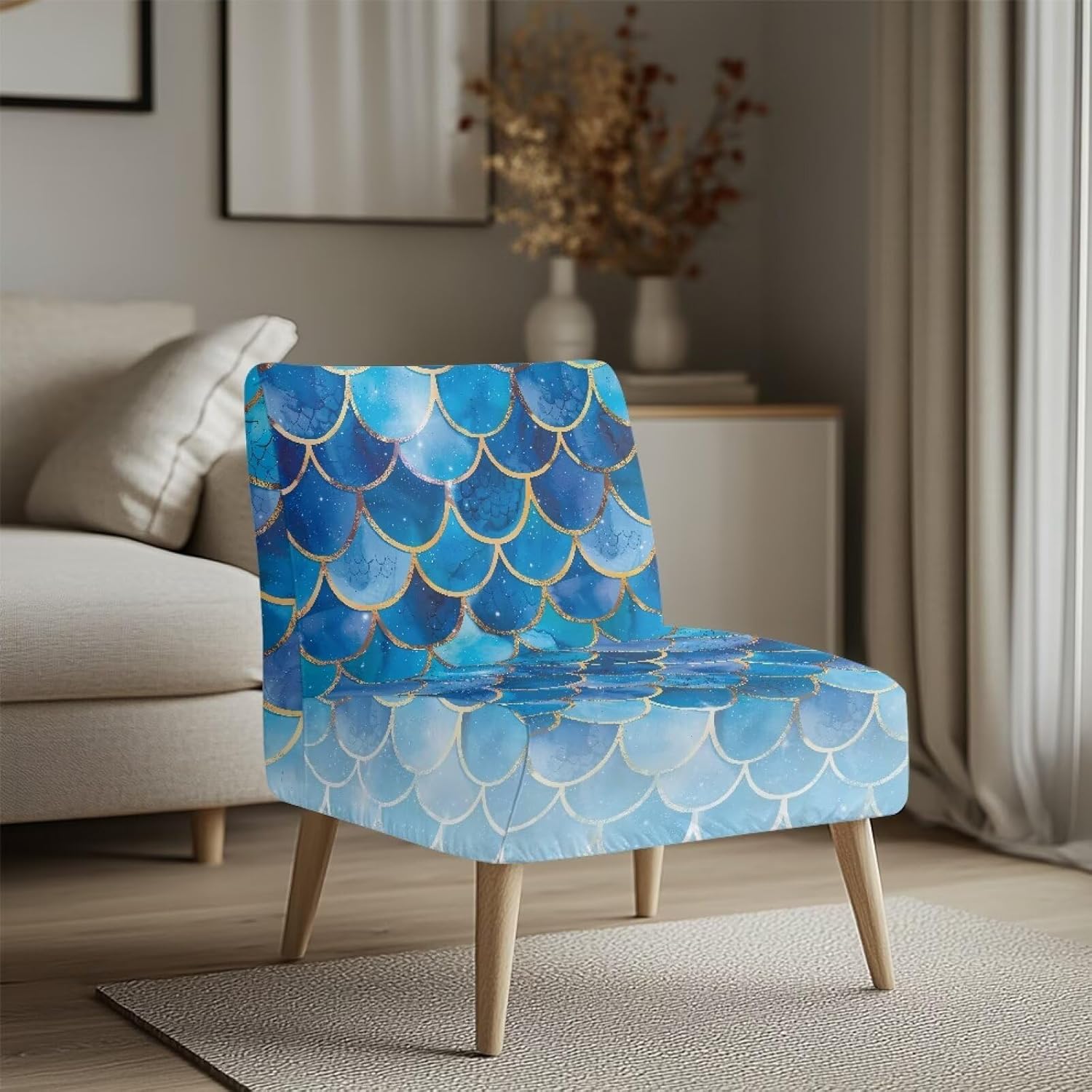 ZOUTAIRONG Blue Mermaid Scales Print Accent Chair Cover Without Arms Chair Slipcovers for Living Room Stretch Slipper Chair Covers Removable Chair Seat Protector