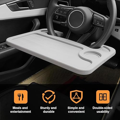Miniatura 10 de Escritorio para volante de automóvil, bandeja multiusos para volante con soporte para bebidas, bandeja de comida para volante para comer, accesorios