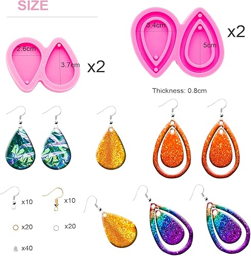 Miniatura 2 de Kit de 104 moldes de resina para aretes, 4 moldes de silicona para joyería de resina, moldes de fundición epoxi con ganchos para aretes para aretes