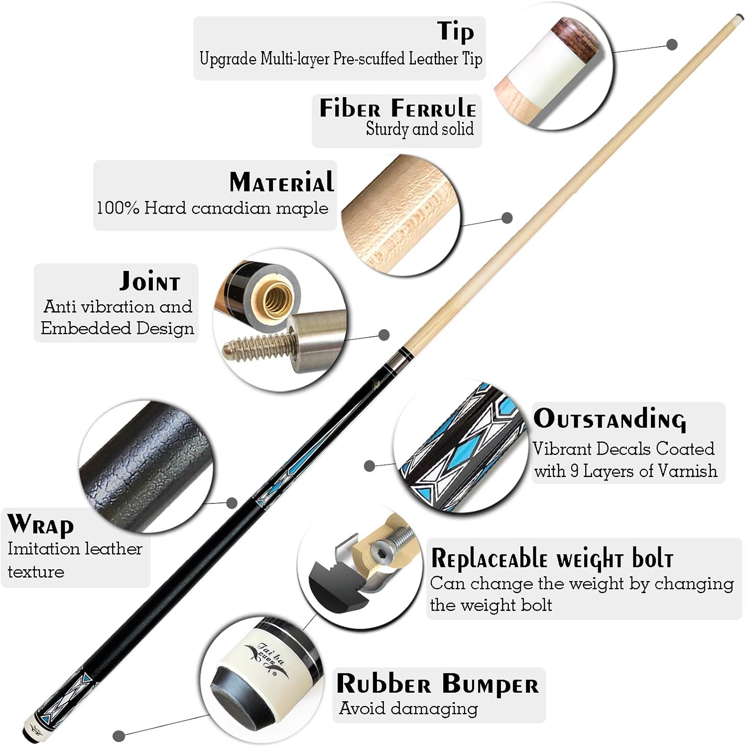 Tai ba cues 2-Piece Pool cue Stick + Hard Case, 13mm Tip, 58", Hardwood Canadian Maple Professional Billiard Pool Cue Stick 18,19,20,21,22 Oz Pool Stick (Selectable)-Blue, Black, Red, Gray, Green : Sports & Outdoors