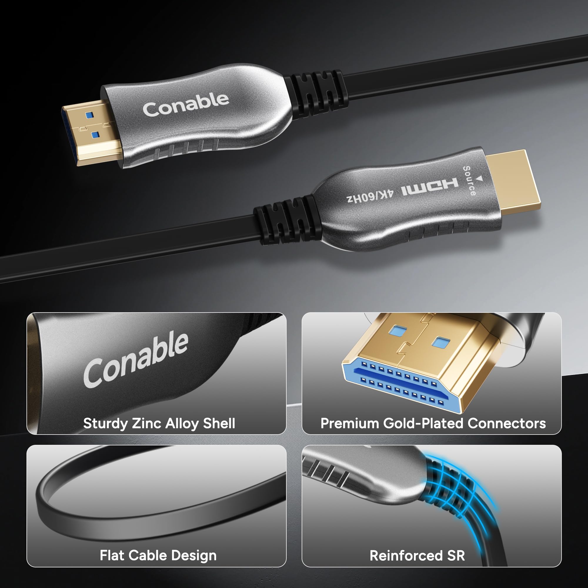 Cavo HDMI 4K 100 FT, cavo HDMI a fibra ottica piatto, unidirezionale, 18 | Ultra HD, supporta 4K a 60Hz, 4:4:4 RGB, HDCP 2.2, 3D ARC, HDR10, Dolby Vision, guscio in lega di zinco, sottile