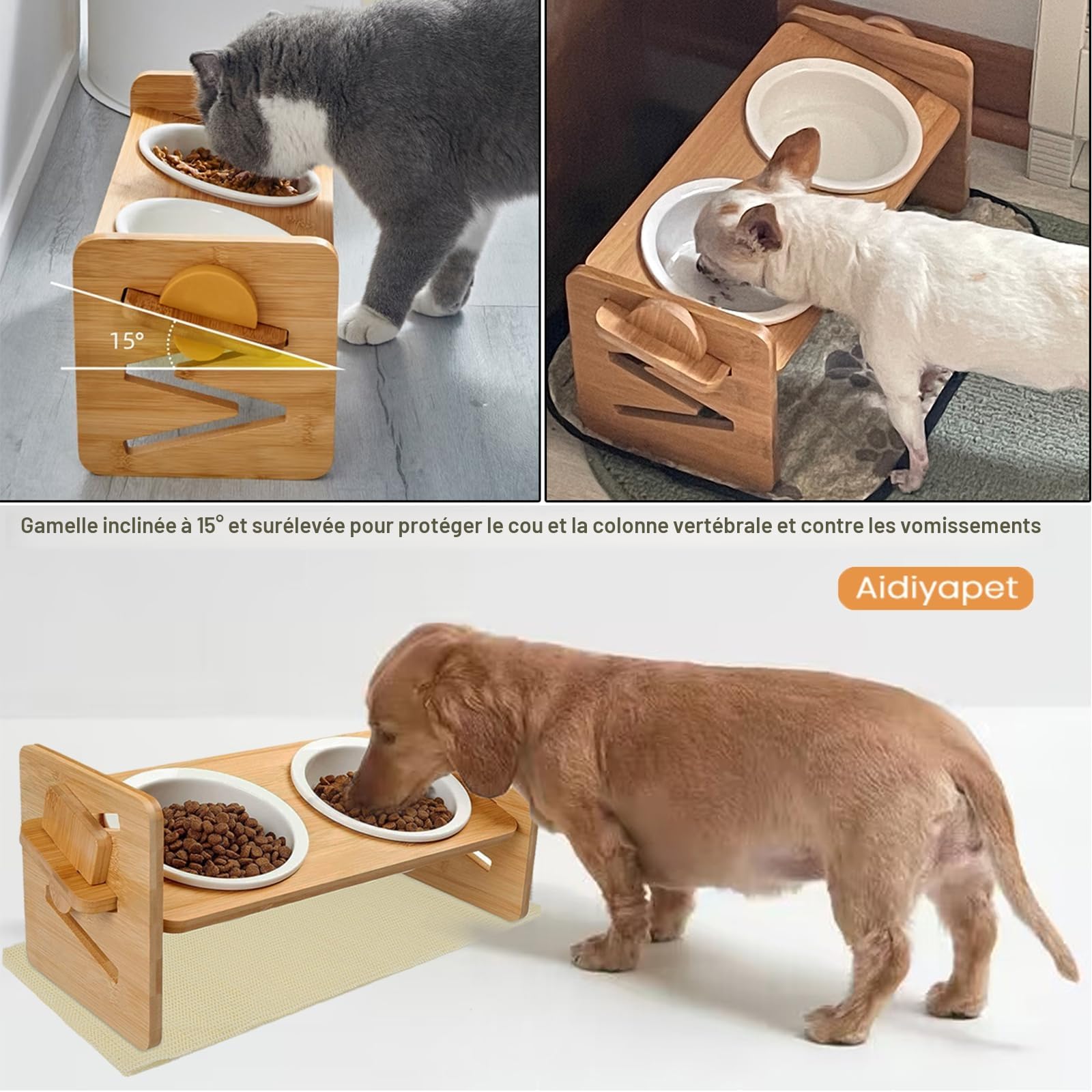 Gamelle surélevée pour chat avec support incliné à 15°, réglable en céramique, pour chats et petits chiens