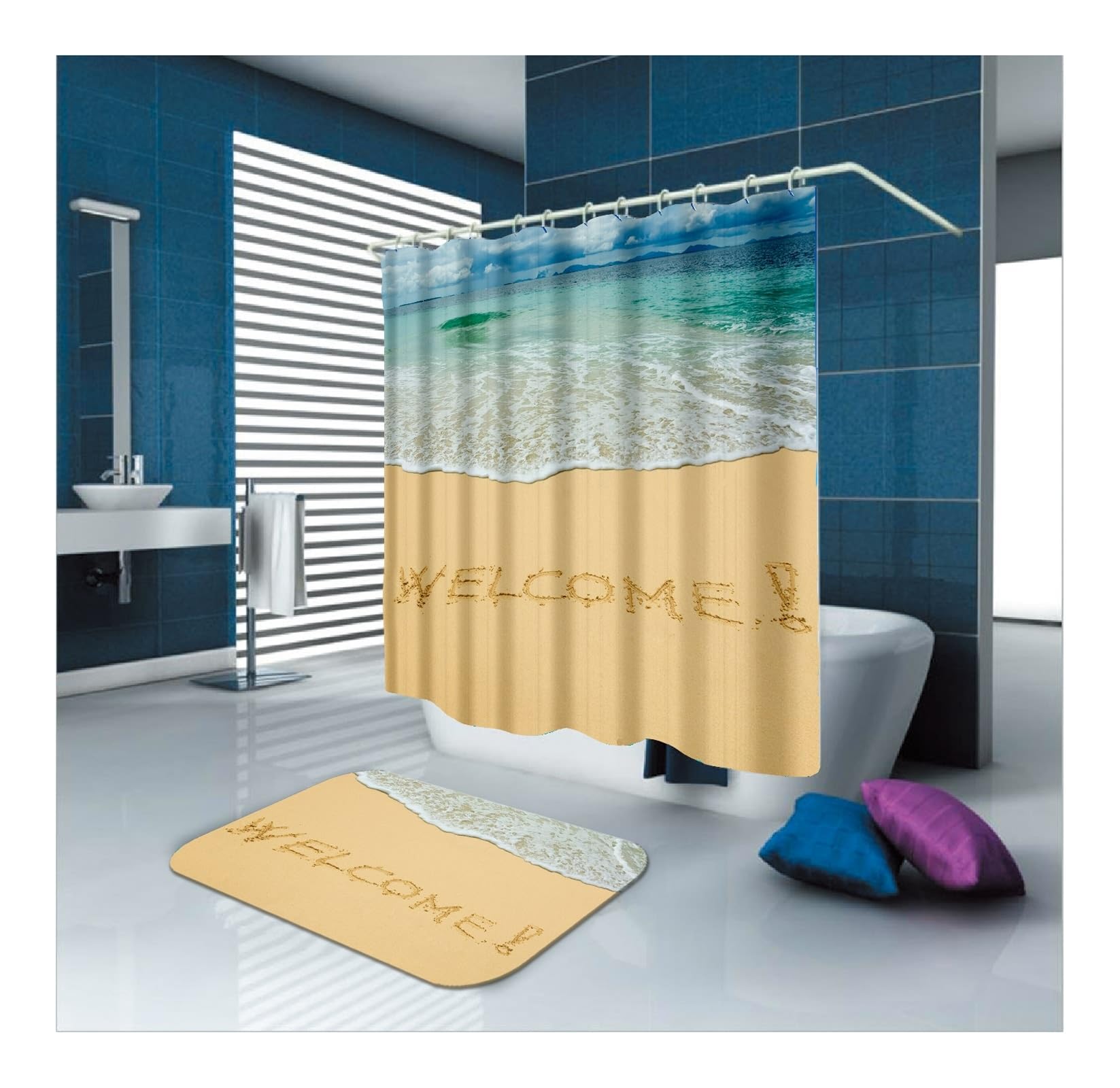 Tenda da doccia blu marrone, 165 x 200 cm, in tessuto, motivo ondulato, in poliestere, lavabile, 1,65 x 2 m di lunghezza (larghezza x altezza) con anelli per tenda da doccia