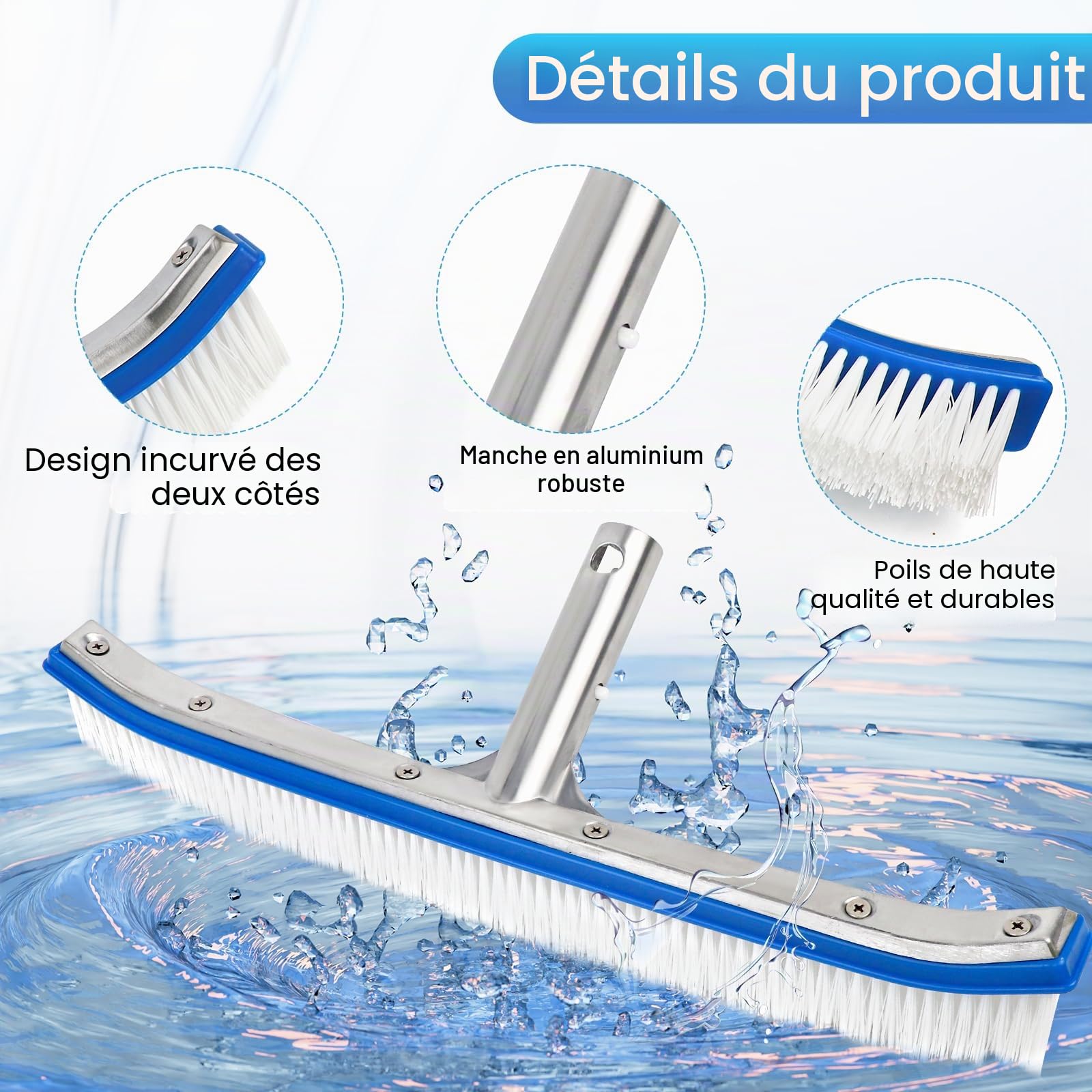 Brosse Piscine, Brosse de Nettoyage pour Piscine de 43 cm, Balai Piscine avec Barre en Aluminium Réglable en Longueur de 180cm