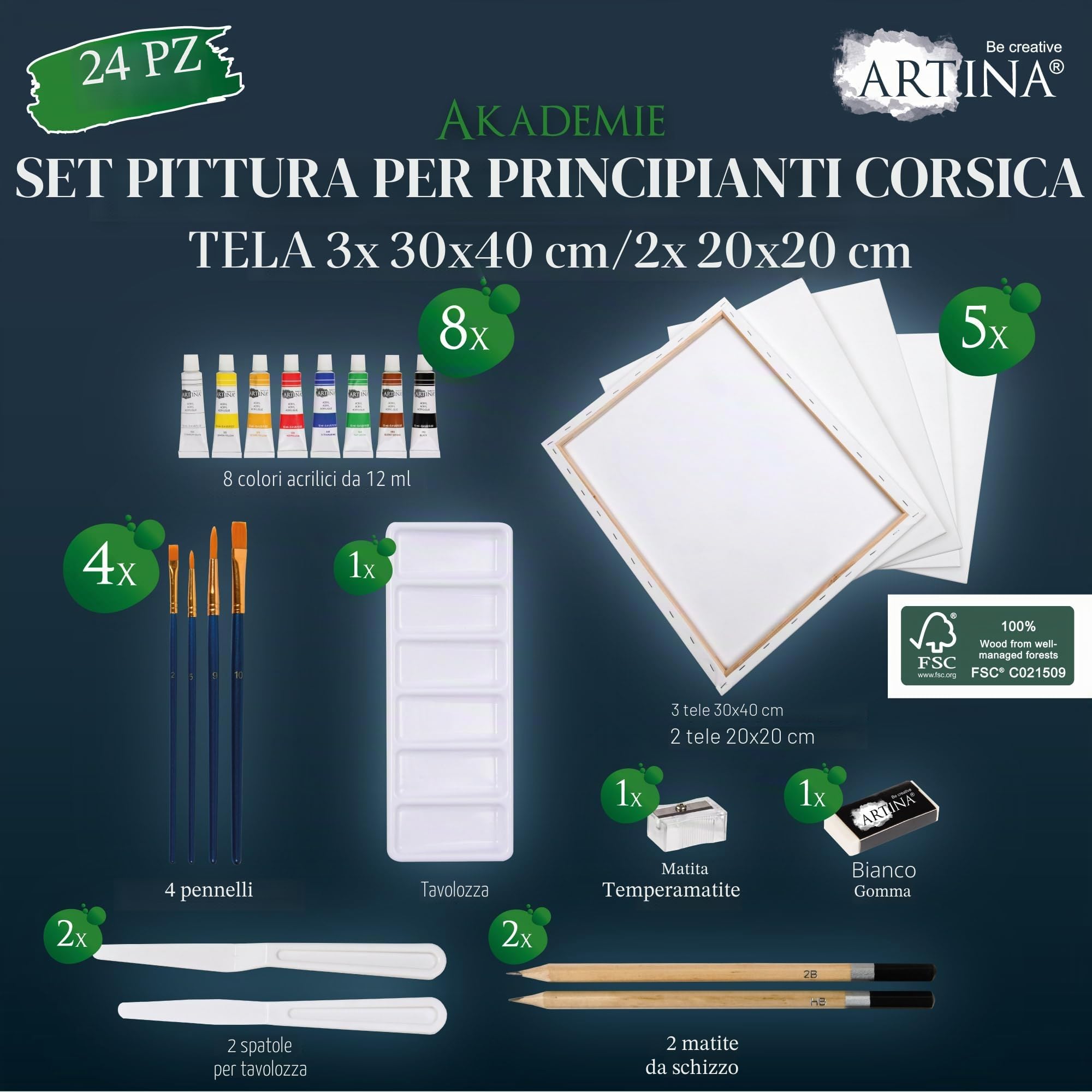 Artina – Kit pittura acrilica 24 pezzi con cavalletto in legno FSC® regolabile 175cm + 5 tele serie Corsica – set artistico per principianti e hobbisti