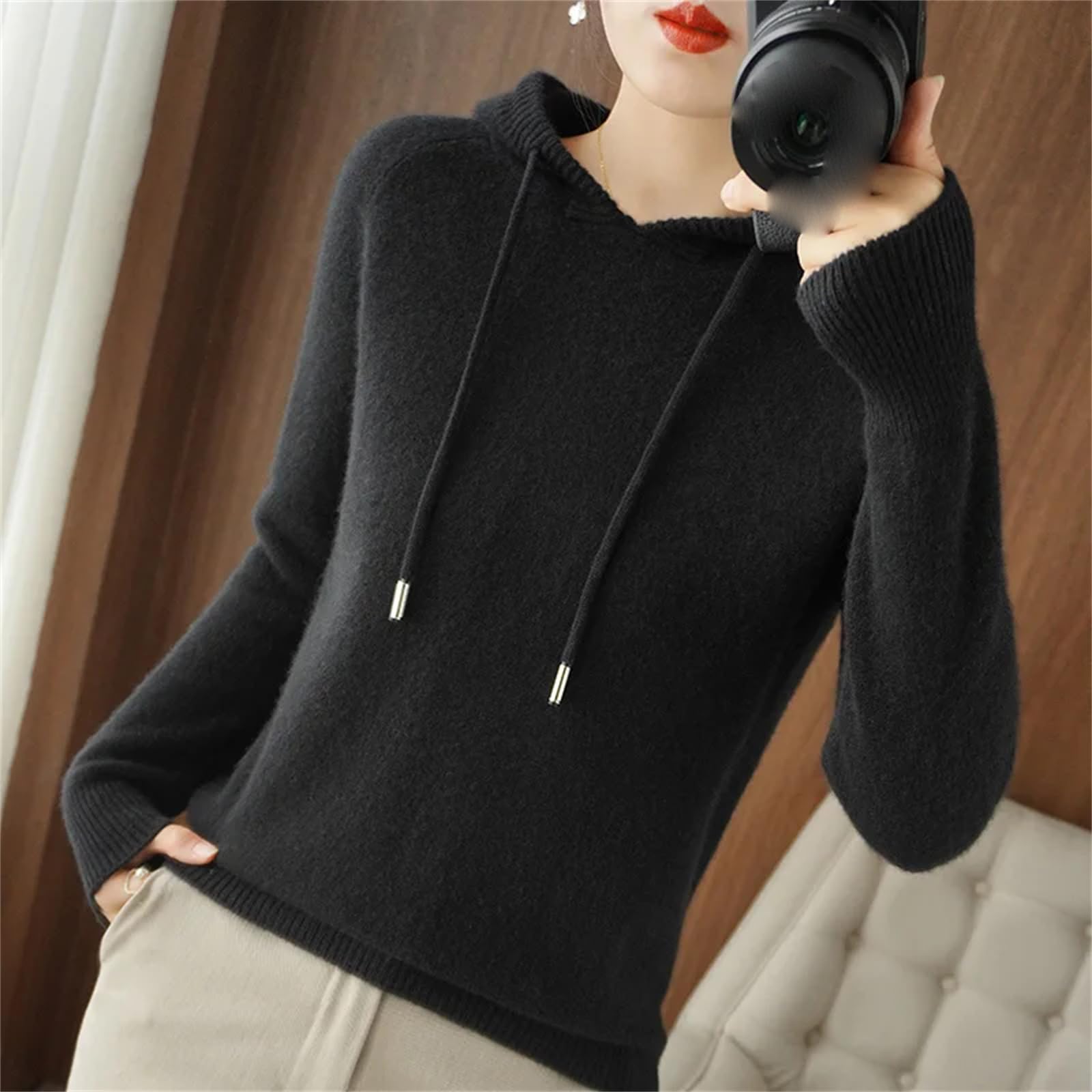 Yeuyyben Maglione invernale con cappuccio da donna maglione in cashmere con cappuccio caldo allentato maglione in cashmere con cappuccio da donna, Marrone Dorato Grigio, L