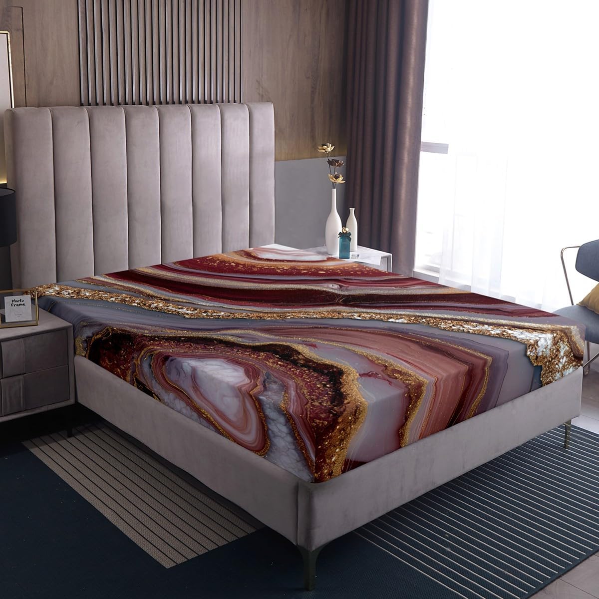 Erosebridal Reddish Brown and Gold Marble Full Bedding Set | Gradient Marbling Bed Sheets, Golden Glitter Print Abstract Fitted Sheet for Bedroom, Marble Stone Sheets