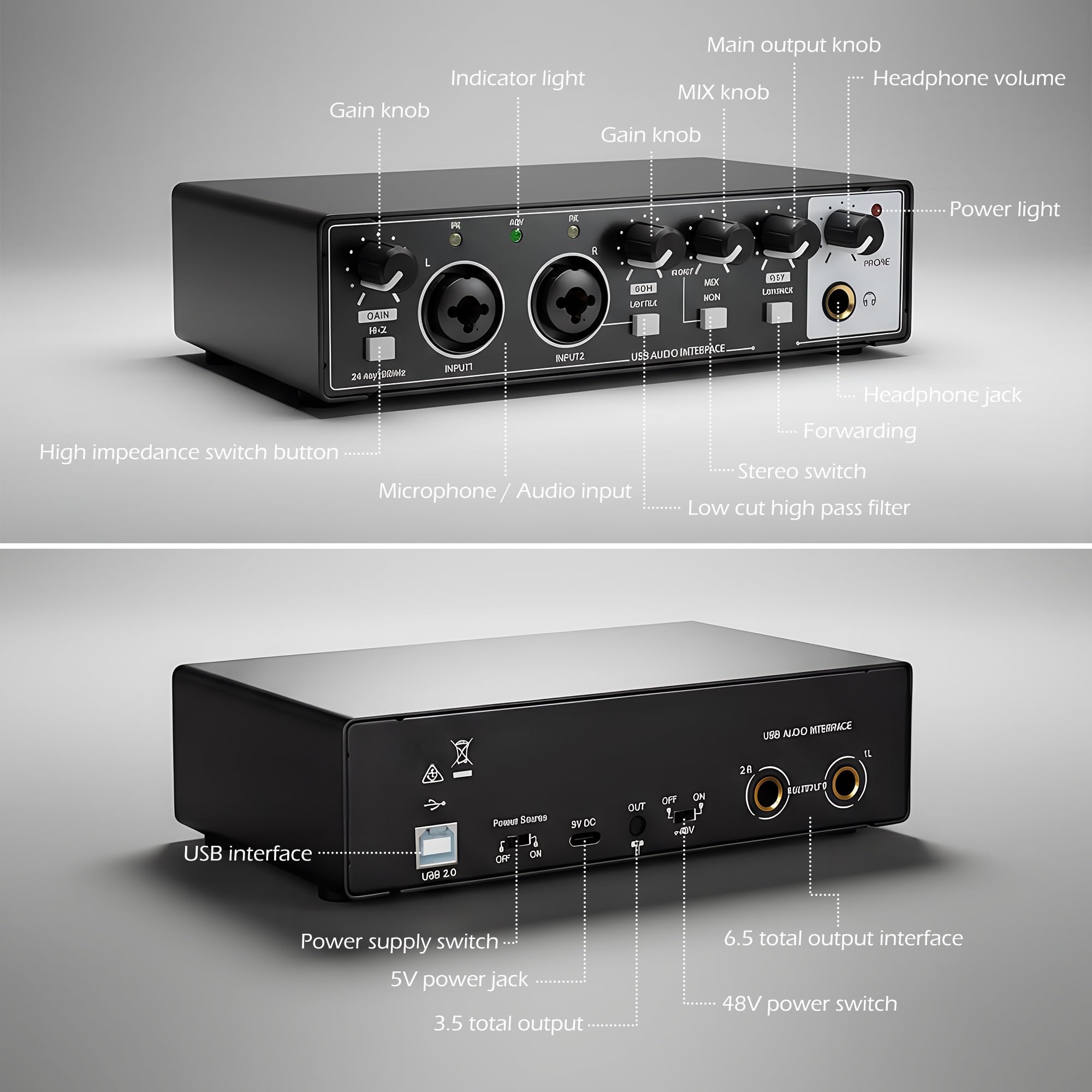 Interfaccia audio USB per la registrazione del PC, interfaccia audio del computer a 24 bit/192 kHz per la registrazione di musica, 48 V Phantom Power Music Recording Studio Apparecchiature da studio