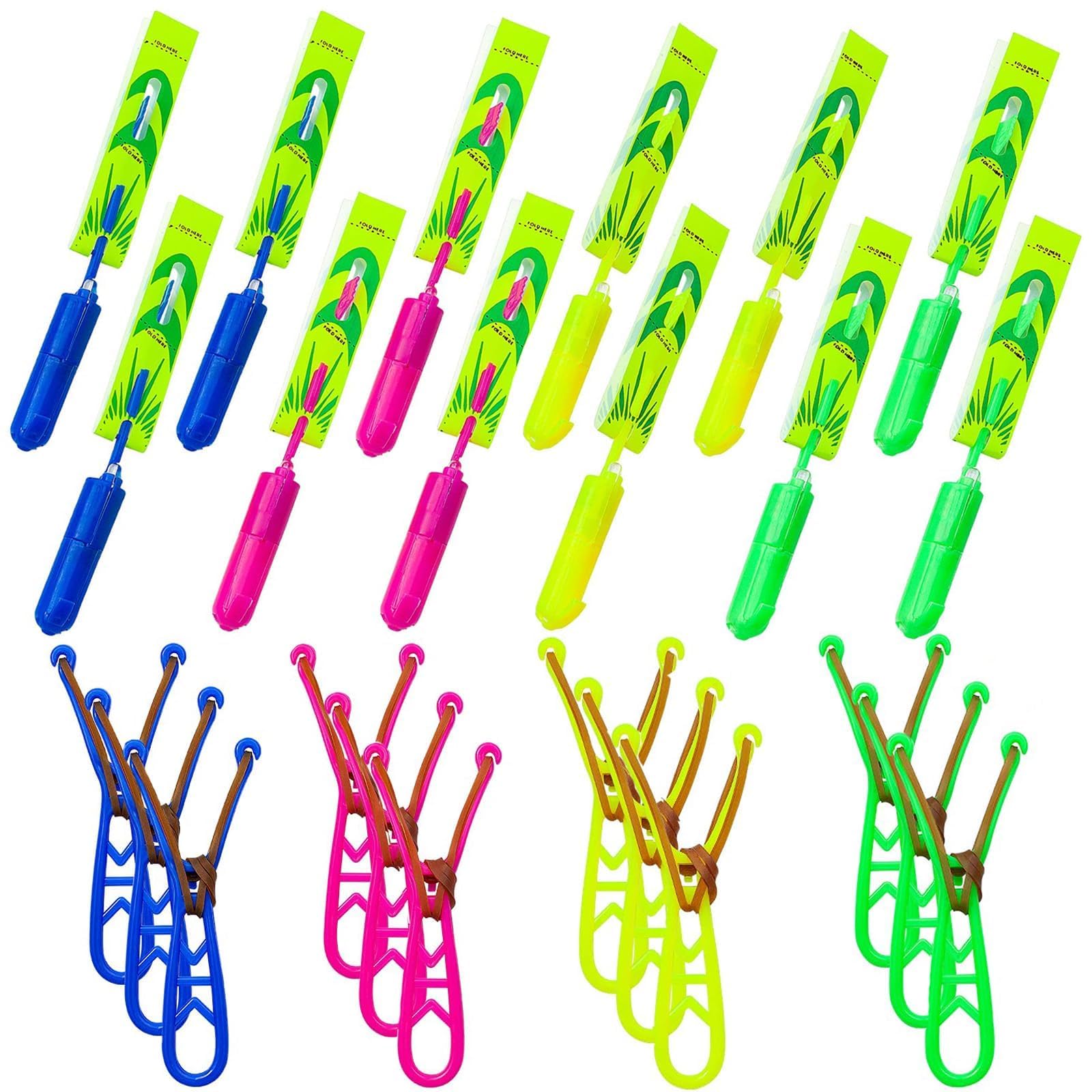 Tirachinas voladoras con luces, cohetes helicópteros, 4 colores para niños, juguete de helicóptero lanzado con banda de goma, incluye 12 helicópteros + 12 lanzadores, para verano al aire libre