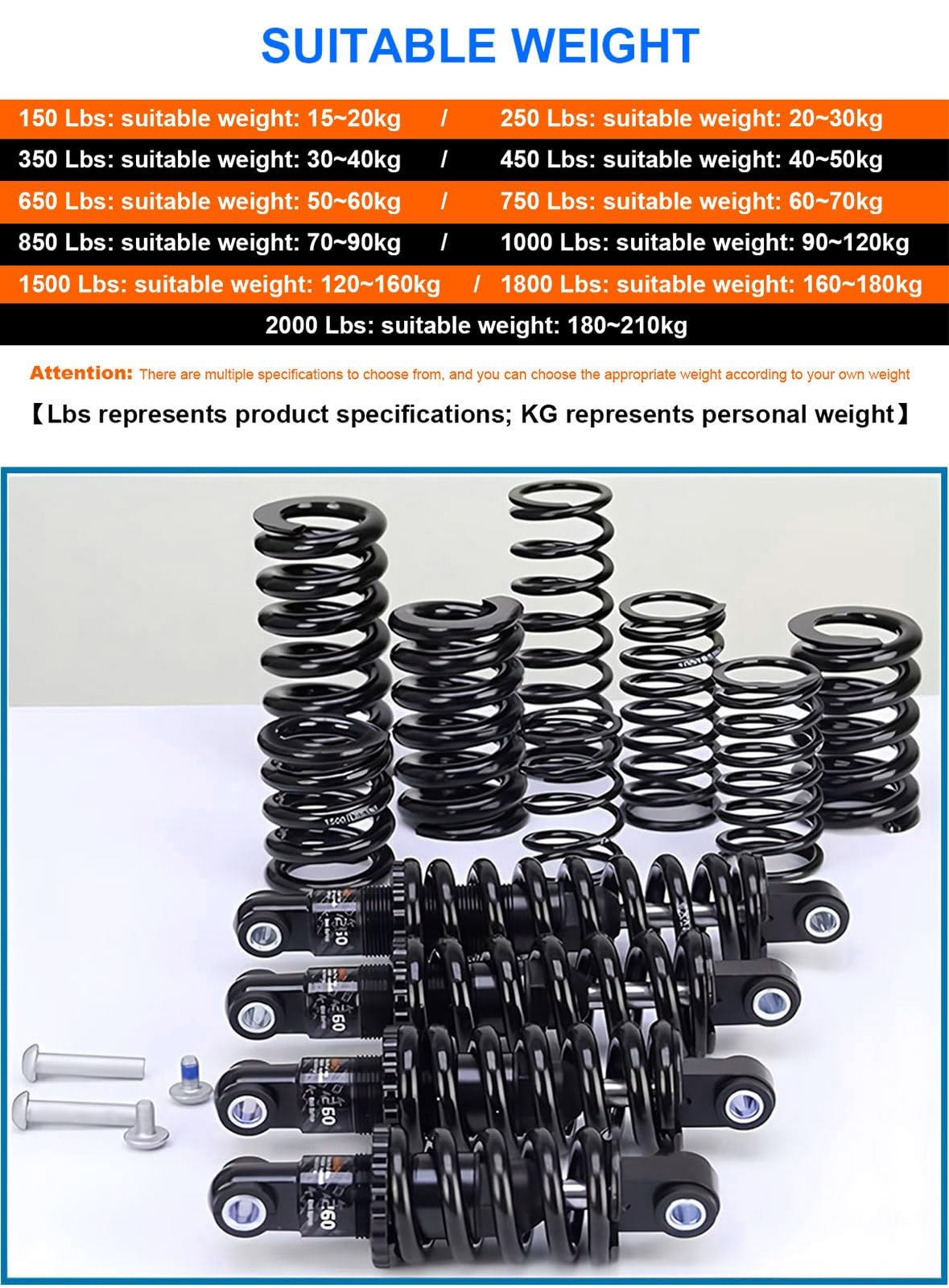 Amortyzator tylny Sprężyna spiralna 125/150/165/190 mm do elektrycznych rowerów górskich składane skutery 150-2000 LB (125 mm, 750 funtów