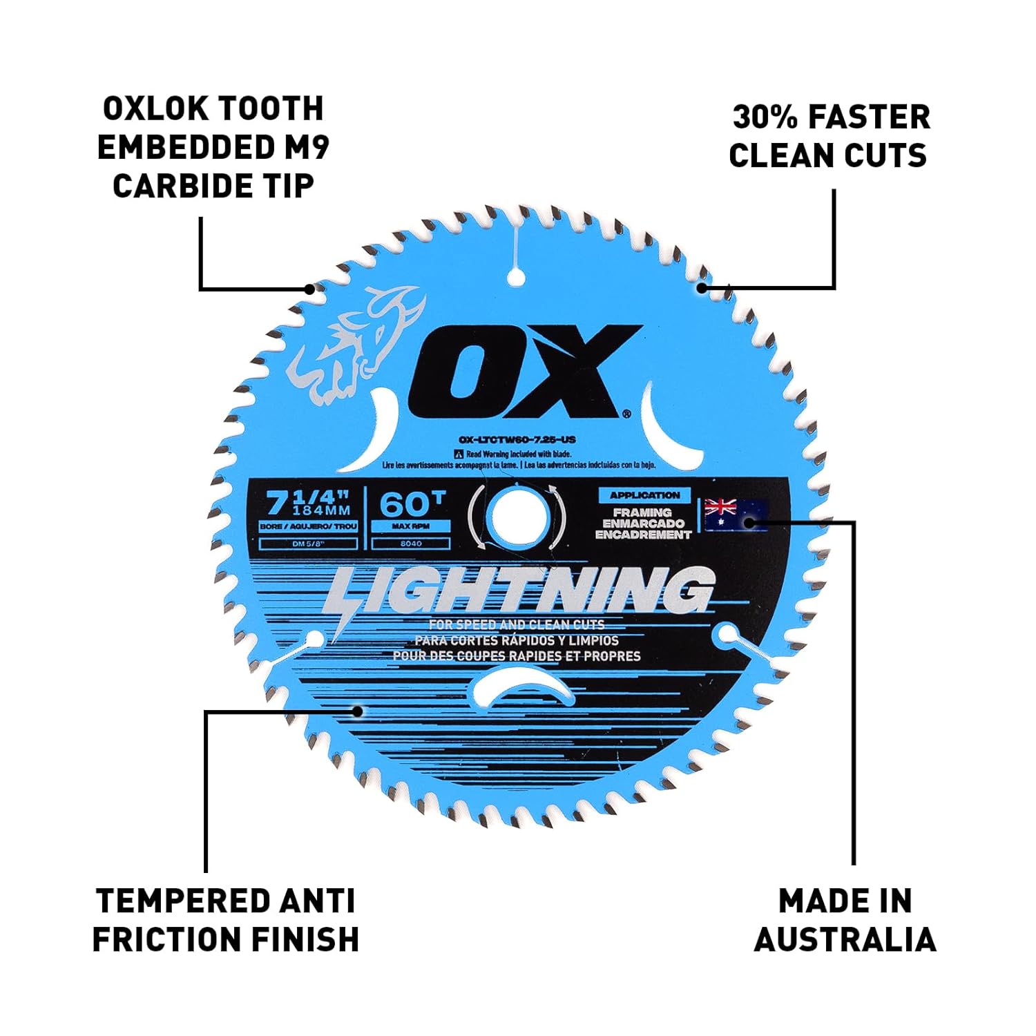 OX Tools Lightning 7-1/4" Circular Saw Blade for Framing - 184mm 60 Tooth & 5/8" Bore Laser Cut Carbide Tipped M9 Grade Construction - Circular Saw Blades Made in Australia for Wood Cutting