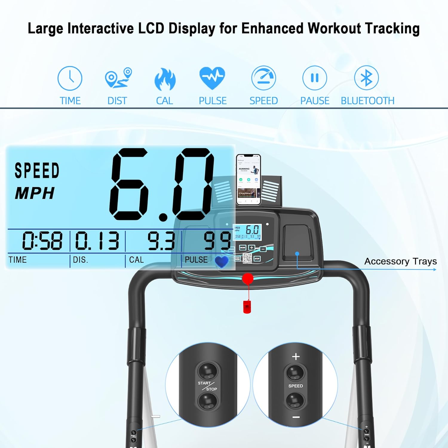 Ksports Advanced Rehab Walking Treadmill with 2.25HP Motor, Long Handrails for Balance, 287 LB Capacity, 0.4-8.0 MPH, 3-Level Incline, Bluetooth for Kinomap, Zwift & FitShow, Foldable with LCD Display