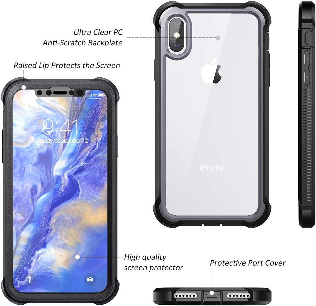 Dexnor iPhone X Case,iPhone Xs Case with Screen Protector Clear Rugged 360 Full Body Protective Shockproof Hard Back Defender 2 in 1 Dual Layer Heavy Duty Bumper Cover Case 5.8"- Black
