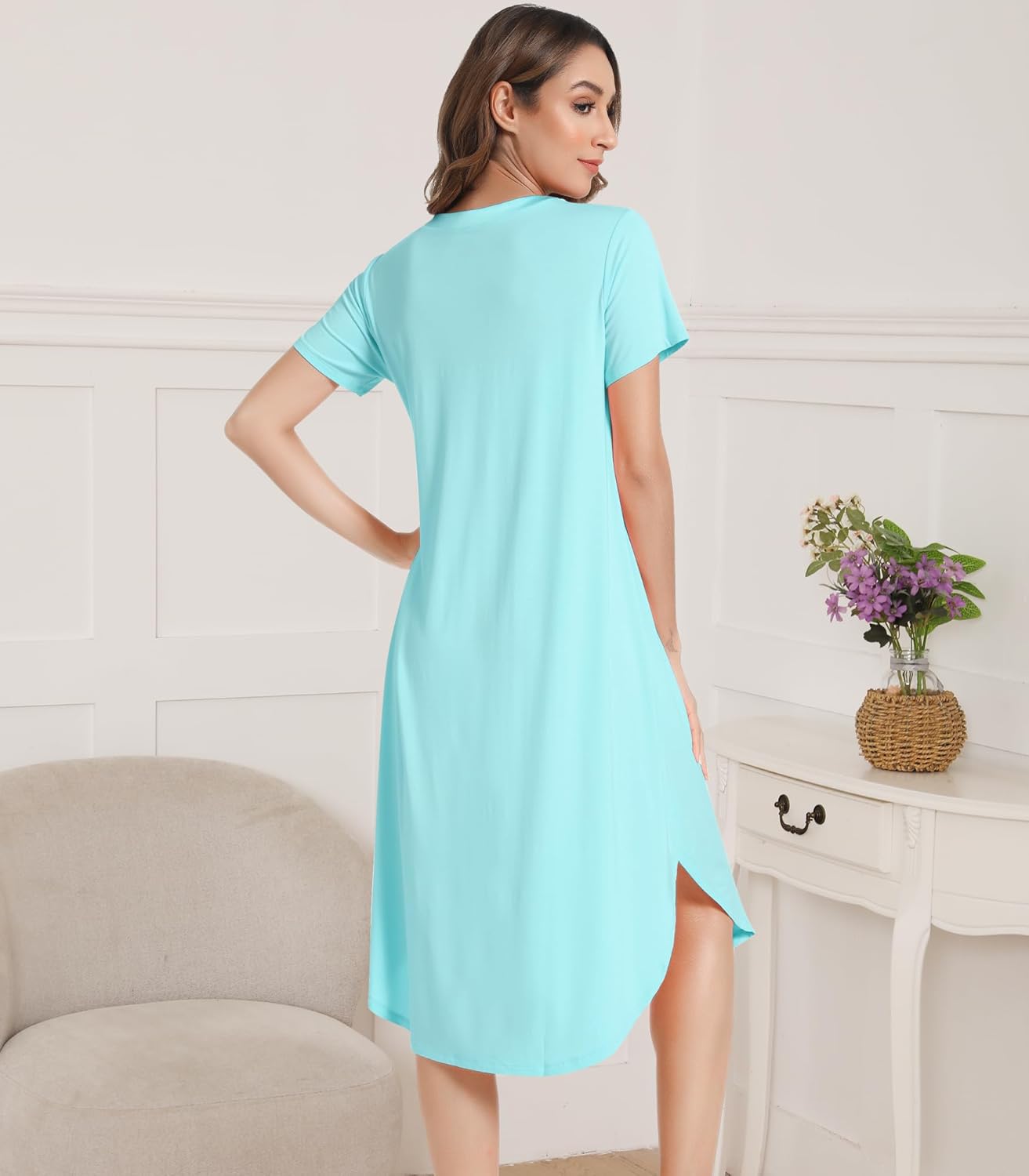 NACHILA Nightgowns for Women-Viscose Made from Bamboo, Short Sleeve Nightgown V Neck Nightshirt Soft Sleepwear Dress - Image 2