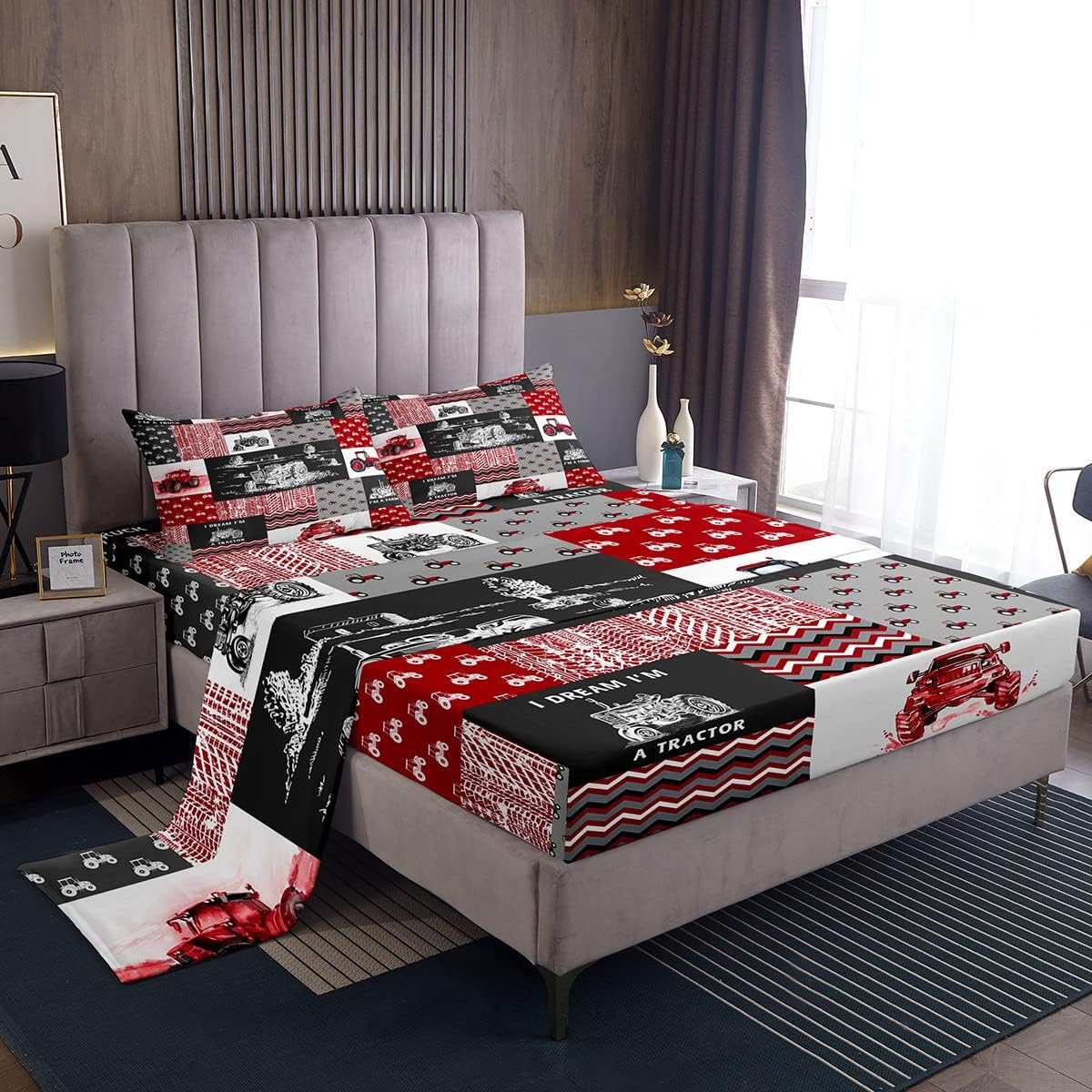 Erosebridal Red Tractor Bedding Set for Boys Twin,Construction Tractor Bed Sheets Kids Teens Equipment Trucks Sheet Set Black White Construction Vehicle Fitted Sheet Bedroom Decor