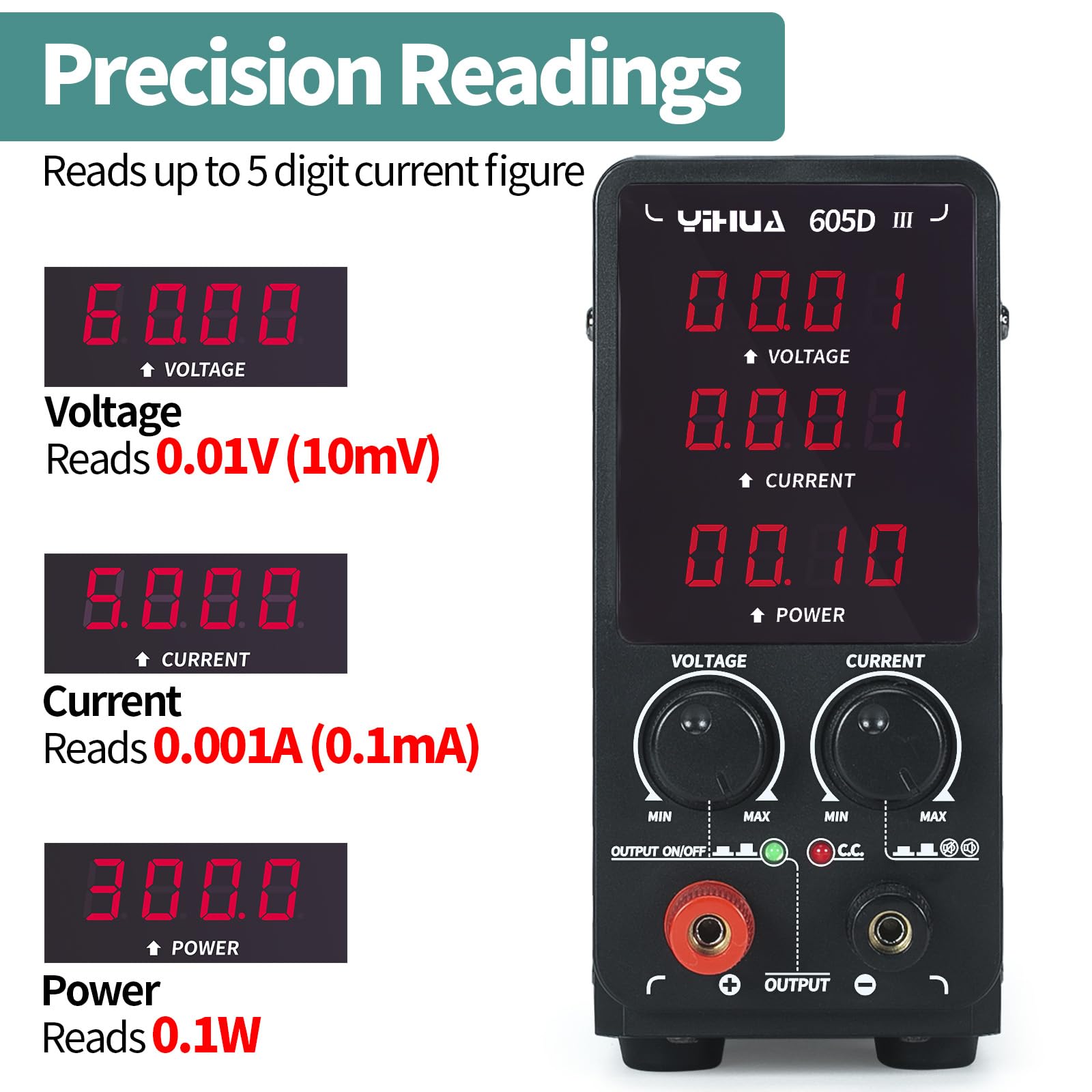 YIHUA 605D-III Alimentation de laboratoire banc d'établi réglable variable 60V 5A DC labo avec pinces crocodiles mode CC/CV automatique pour l'électronique la réparation la galvanoplastie ingénierie