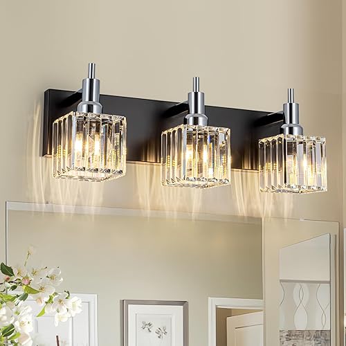 Miniatura 25 de Moderna lámpara de tocador de baño de cristal de 3 luces de latón para pared, sobre espejo, iluminación de tocador negra y dorada para baño, Sombra