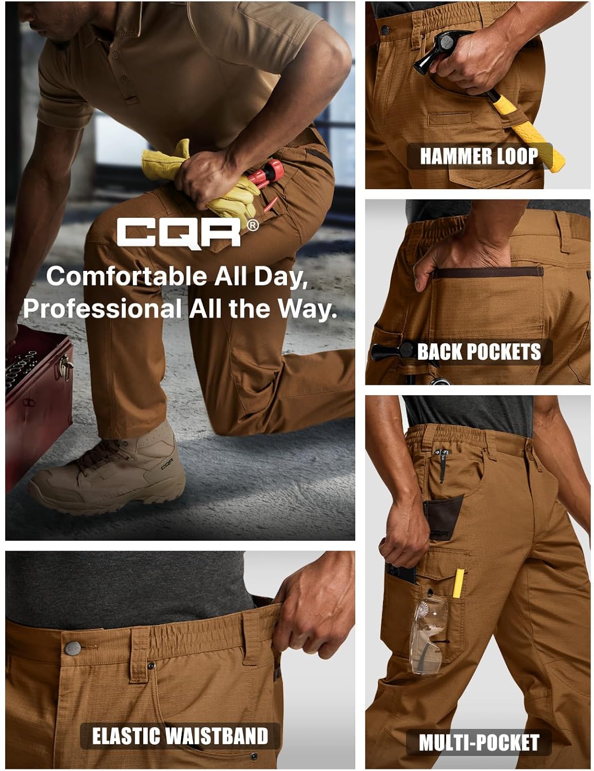 CQR Men's Quick Dry Work Pants, Water Resistant Outdoor Tactical Pants, Lightweight Stretch Cargo Hiking Pants - Image 8