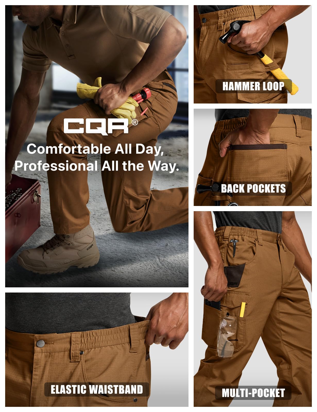 CQR Men's Quick Dry Work Pants, Water Resistant Outdoor Tactical Pants, Lightweight Stretch Cargo Hiking Pants — view 8