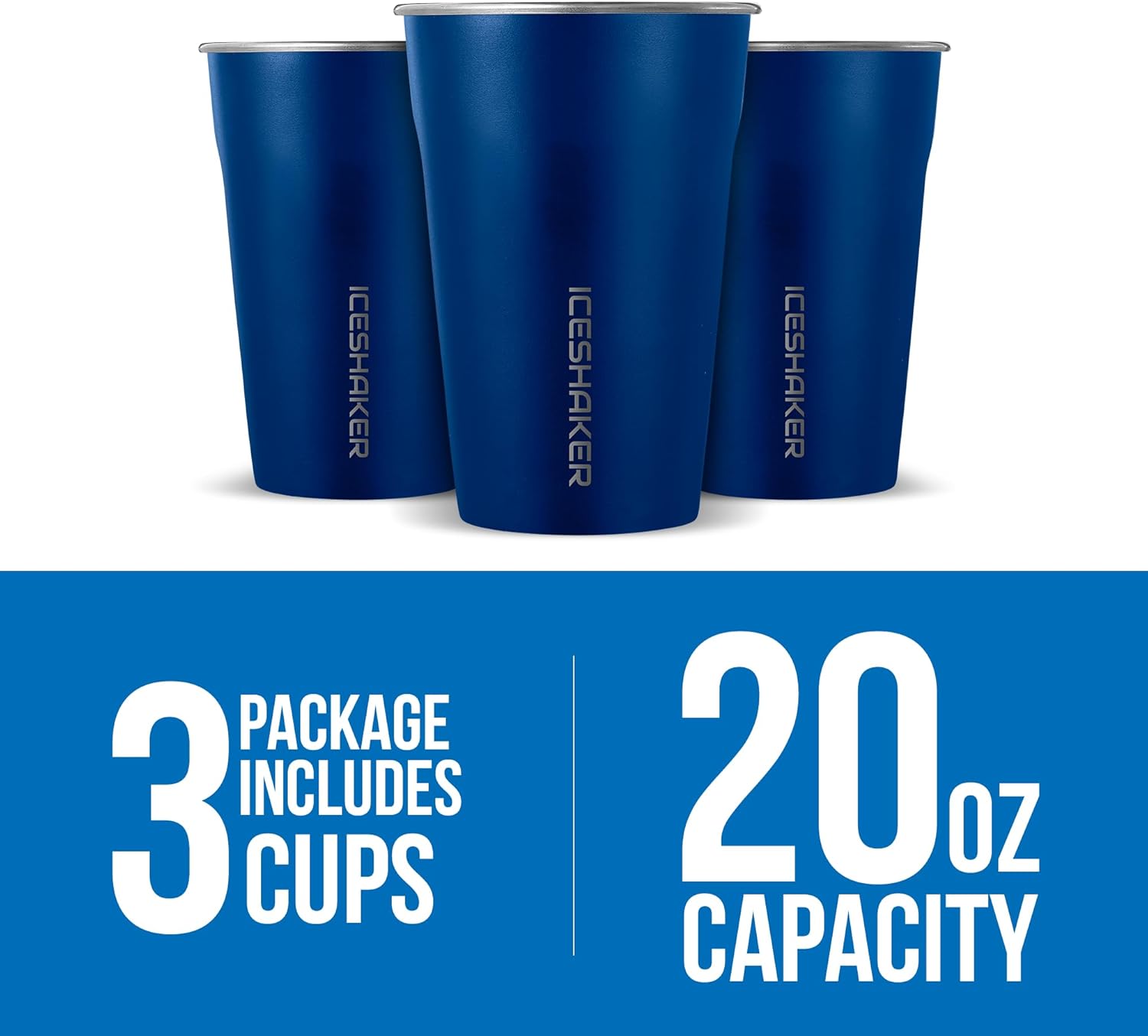 Ice Shaker 20 oz Stainless Steel Cups – Stackable & Reusable Metal Drinking Cups – BPA-Free, Dishwasher Safe, Eco-Friendly stainless steel drinking cups | 3-Pack Navy